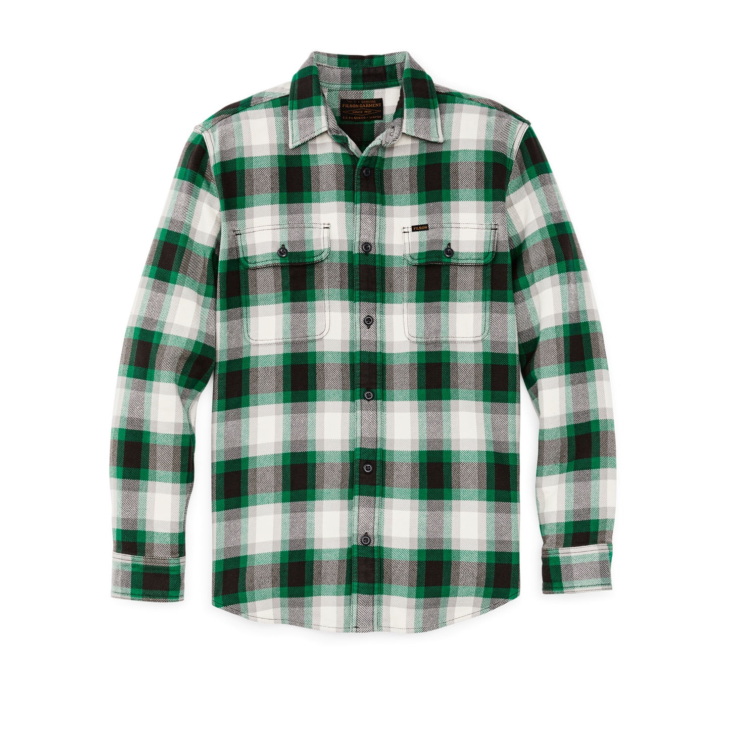 Front-facing image of the Filson Vintage Flannel Work Shirt - Green / Gray / Multi Plaid