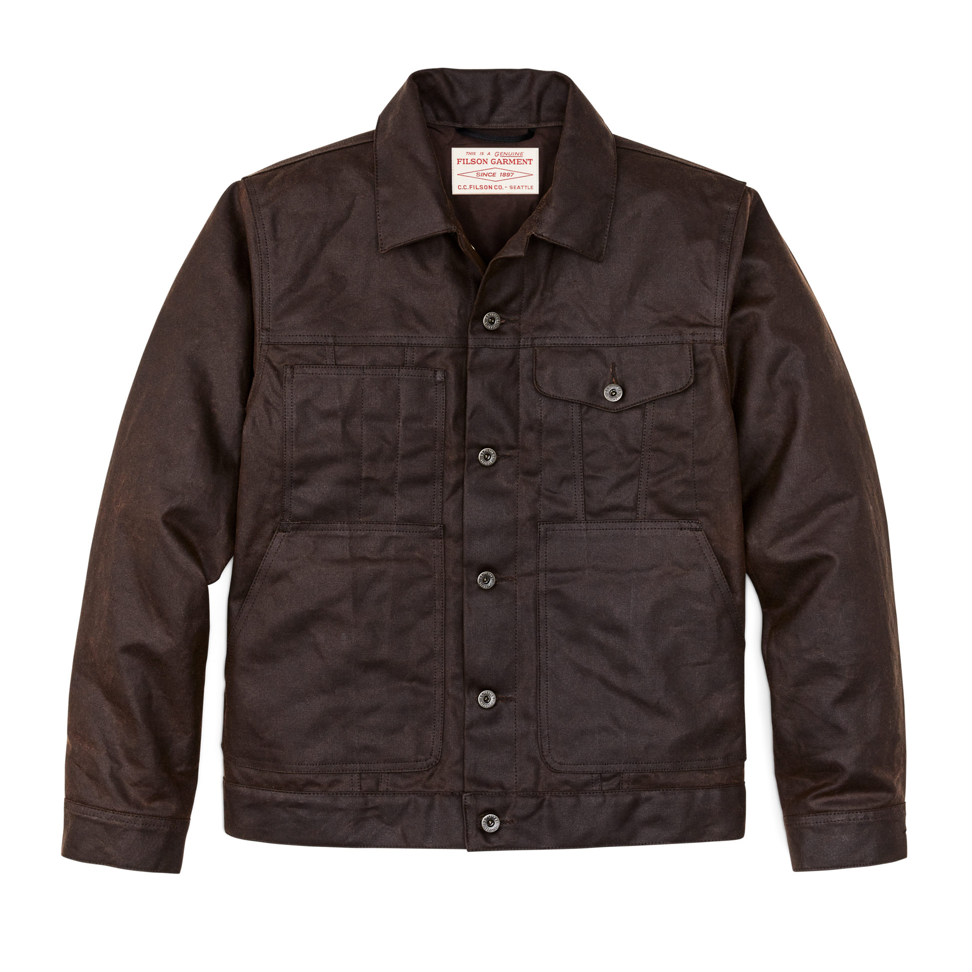 Front-facing image of the Filson Tin Cloth Short Lined Cruiser Jacket - Dark Brown