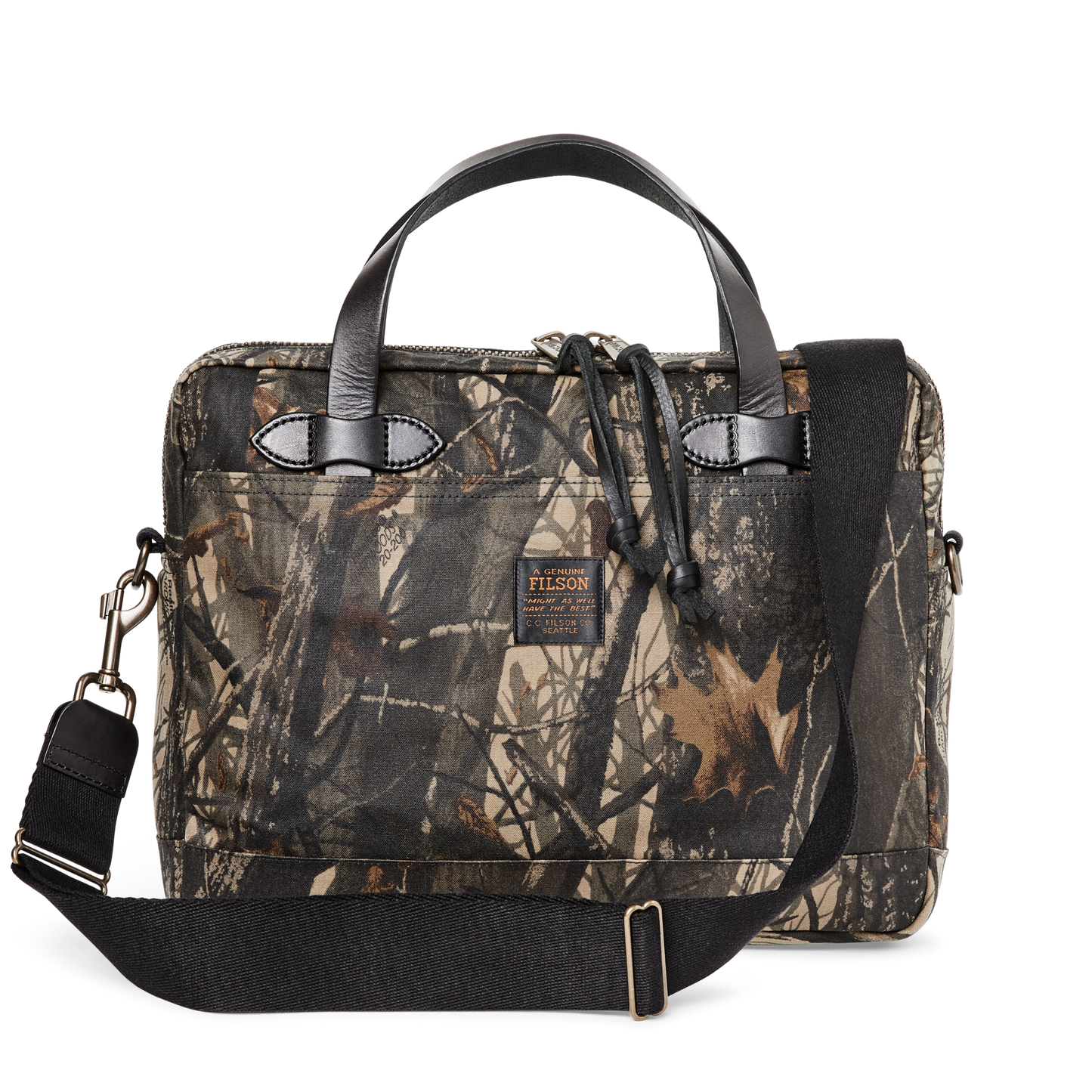 Front-facing image of the Filson Tin Cloth Compact Briefcase - Realtree Hardwoods Camo