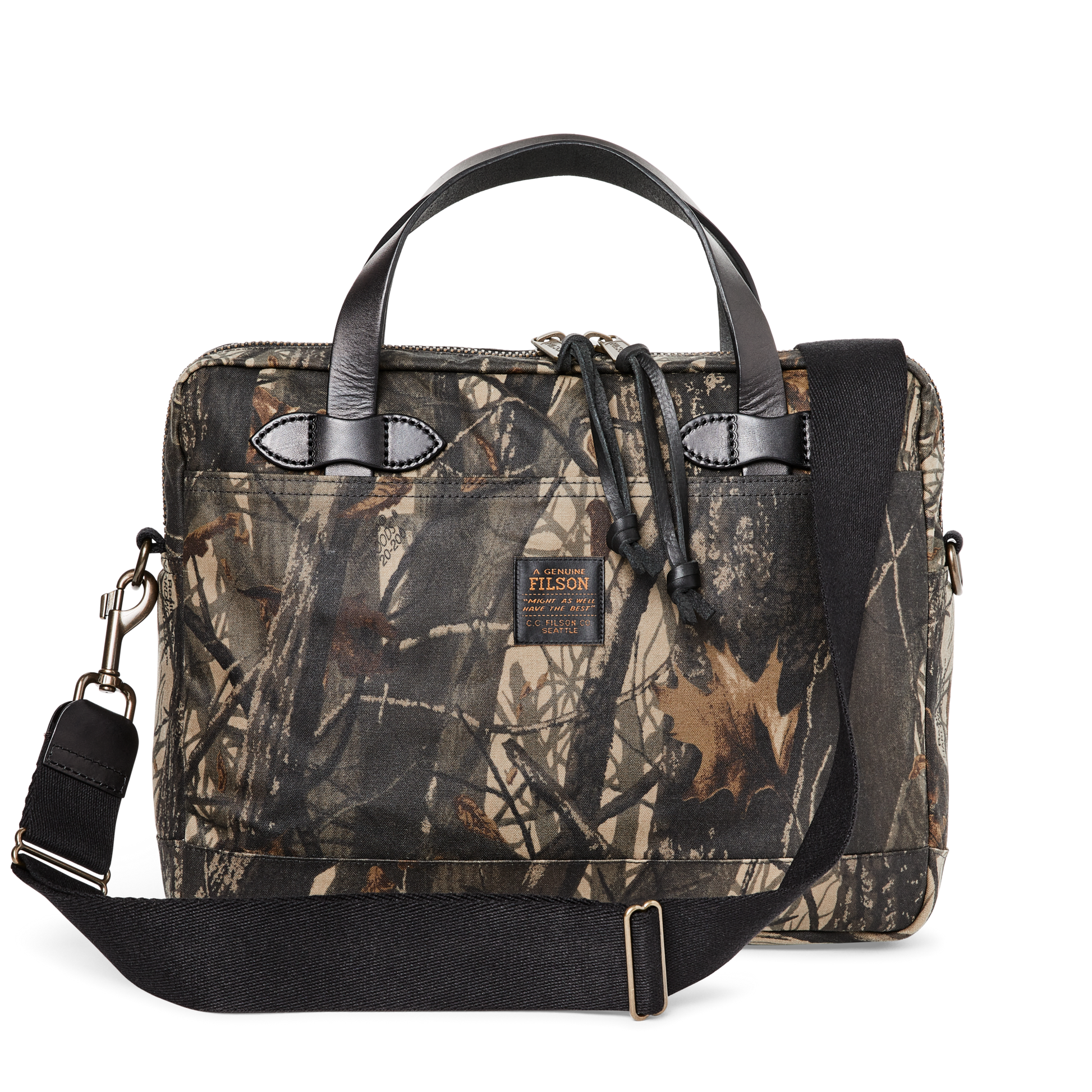 Front-facing image of the Filson Tin Cloth Compact Briefcase - Realtree Hardwoods Camo