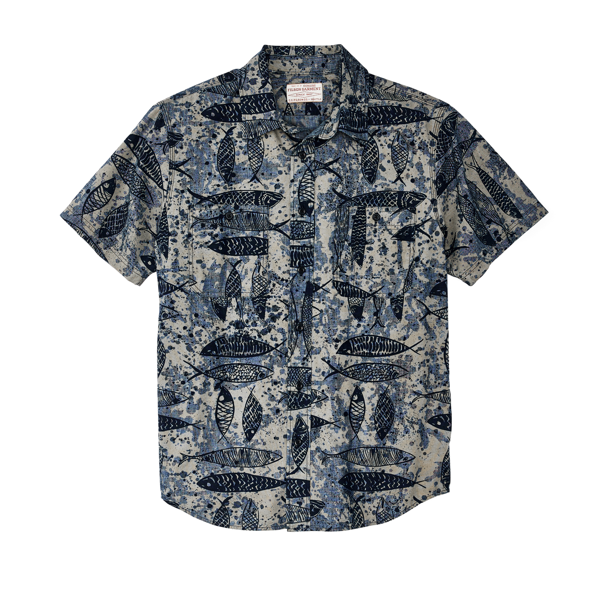 Front-facing image of the Filson Short Sleeve Chambray Shirt  - Blue Ink Fish Print