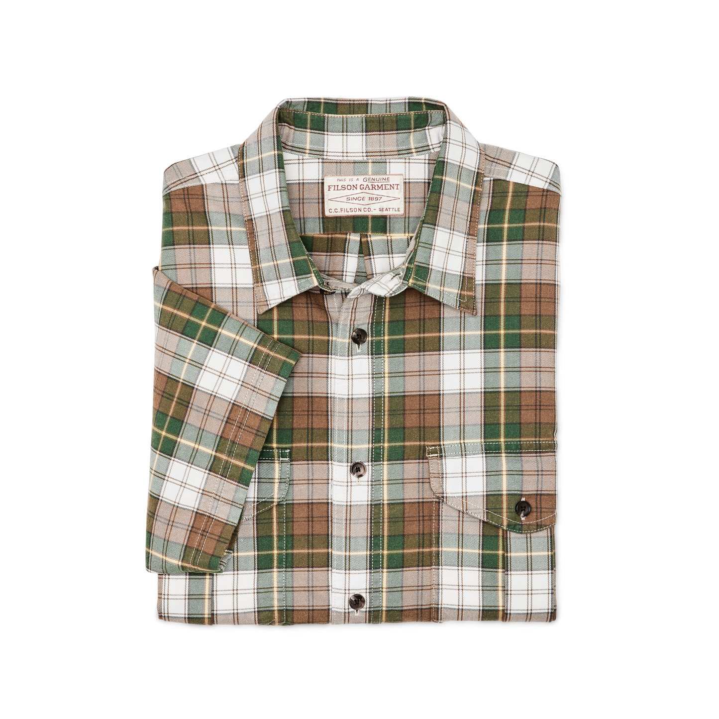 Alternate view of the Filson Short Sleeve Lightweight Alaskan Guide Shirt  - Green / White / Brown Plaid