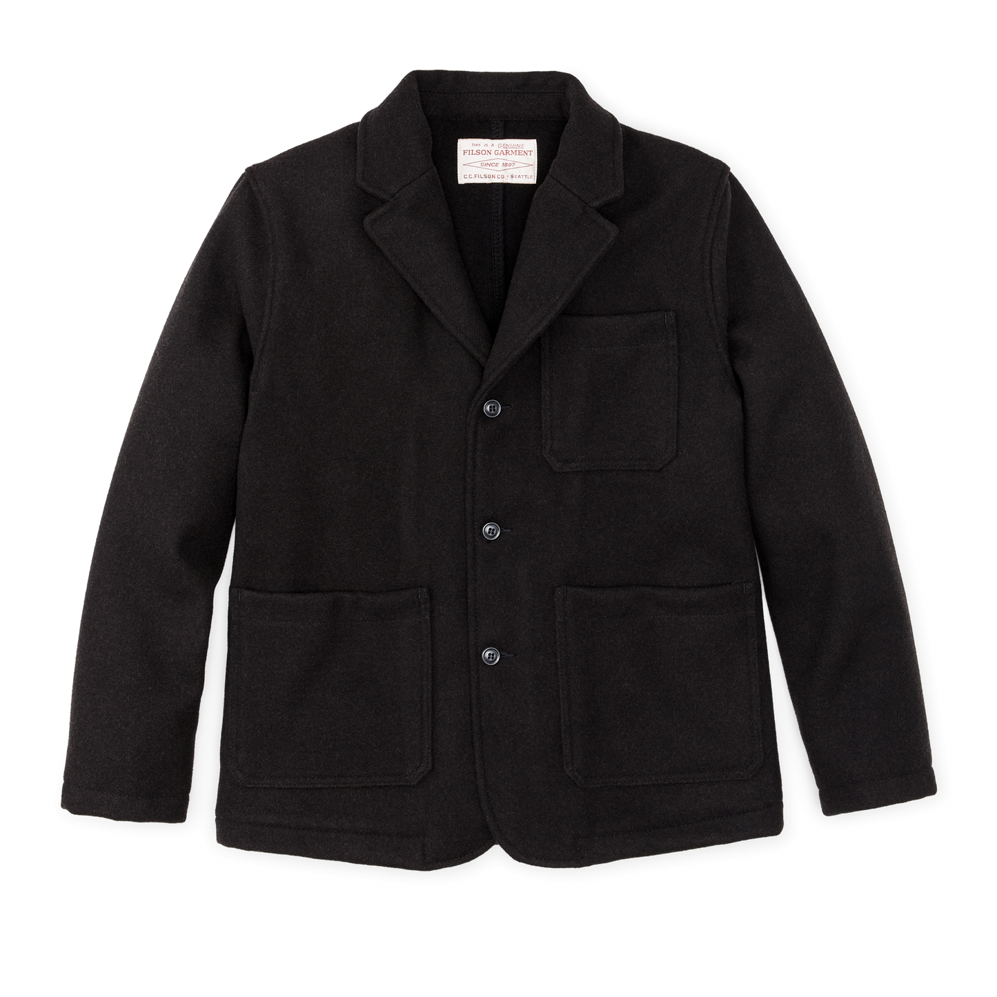 Front-facing image of the Filson Mackinaw Wool Blazer - Brown Black Twill