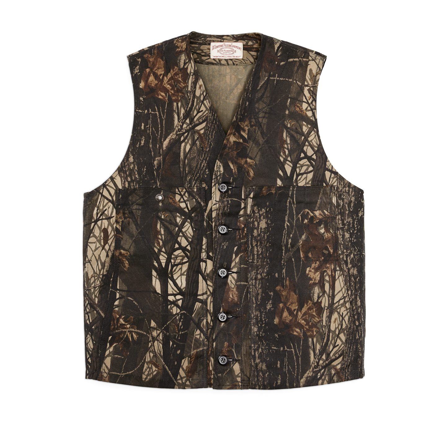 Front-facing image of the Filson Oil Tin Cloth Vest - Realtree Hardwoods Camo