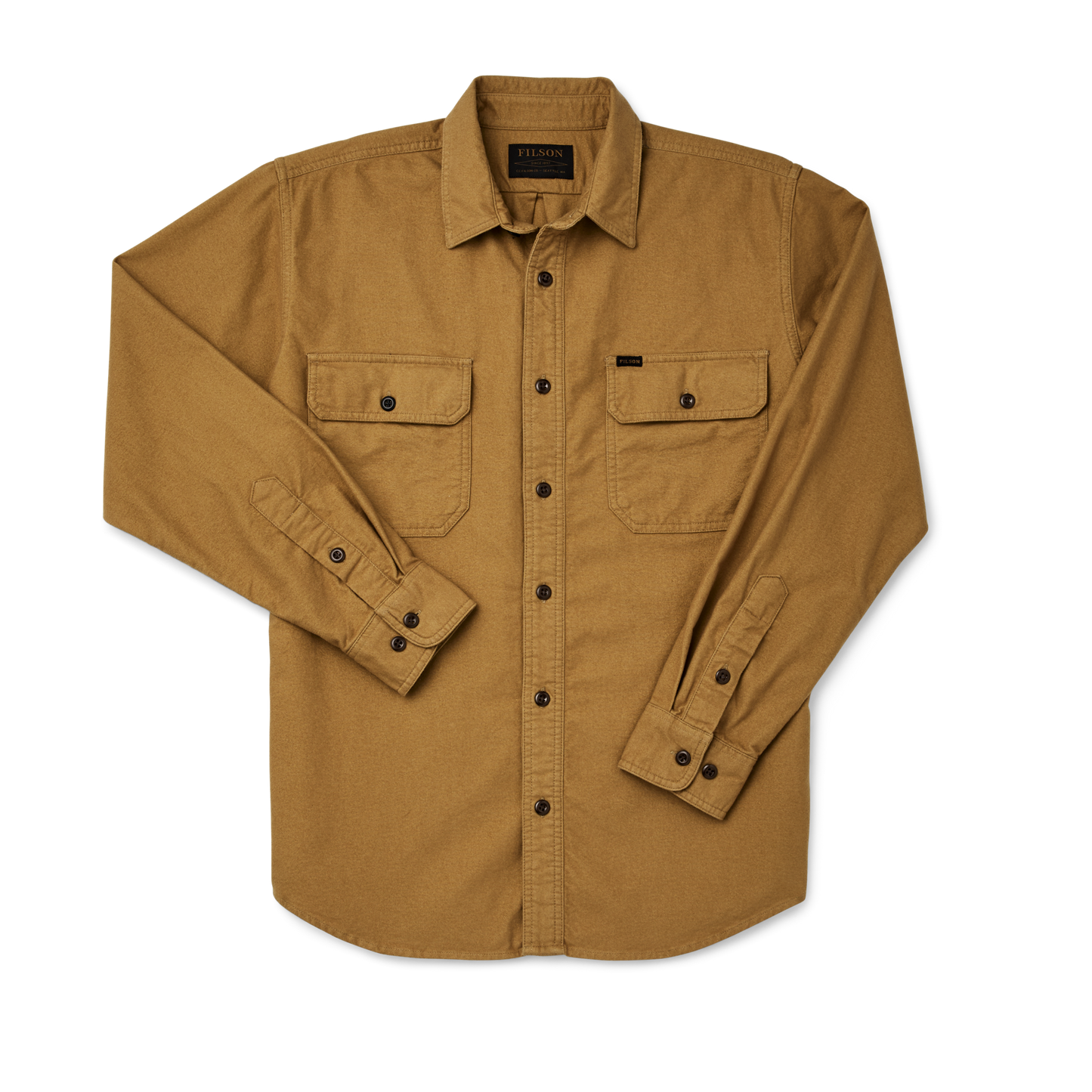 Front-facing image of the Filson Field Flannel Shirt - Nubuck Tan