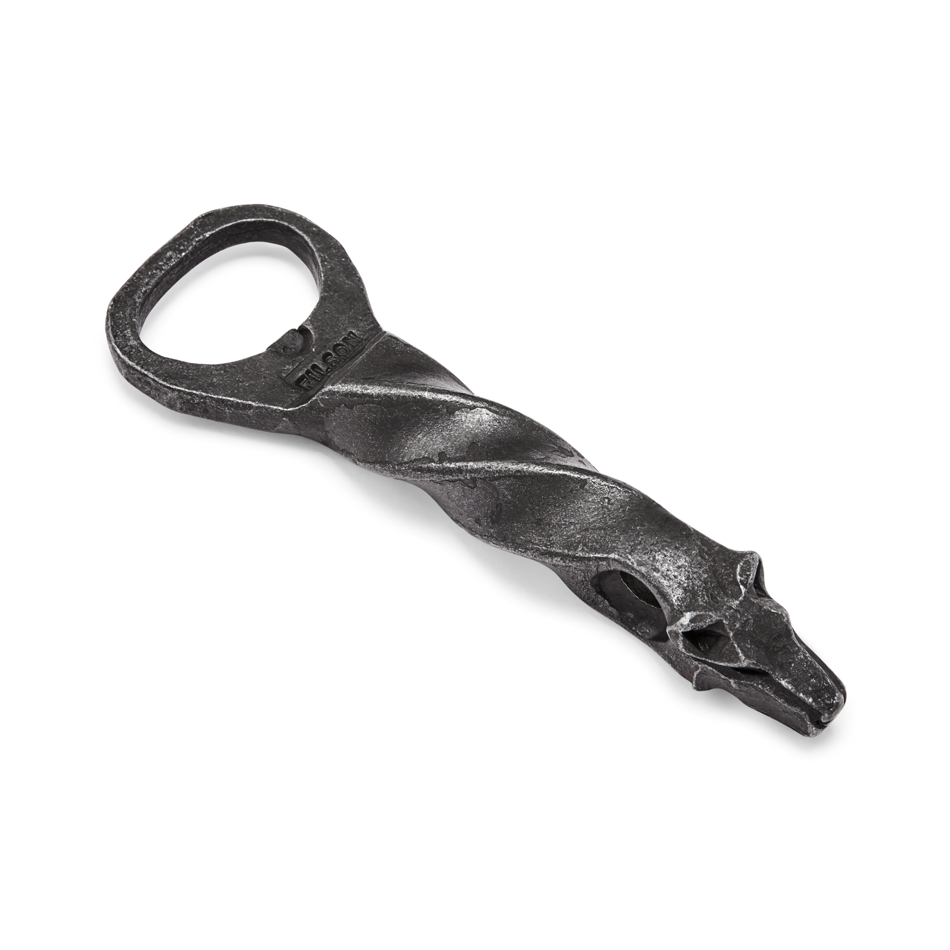 Front-facing image of the Filson Wolf Head Bottle Opener - Steel