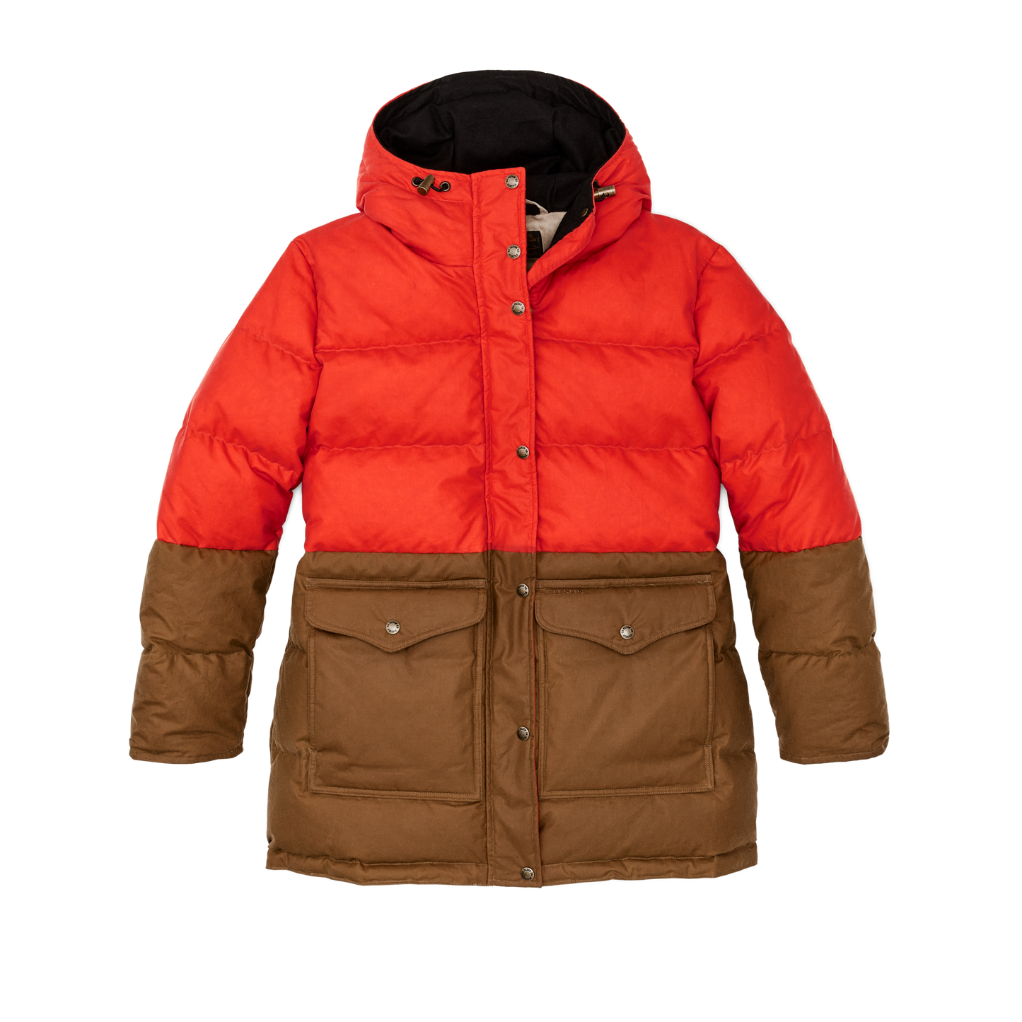 Front-facing image of the Filson Women's Waxed Down Parka - Dark Tan / Campfire