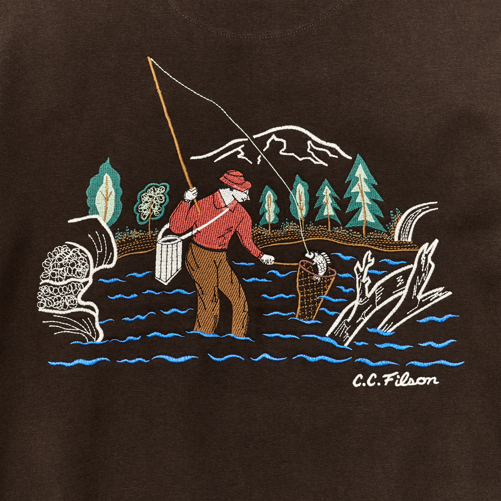 Alternate view of the Filson Prospector Embroidered Hoodie - Dark Brown / Fishing