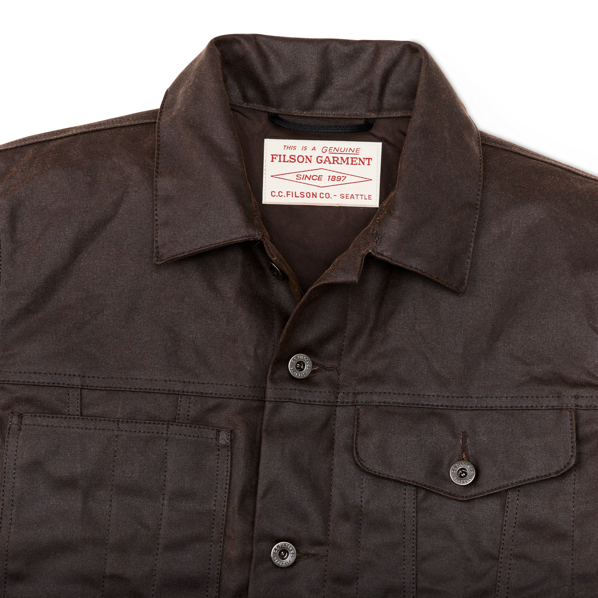 Alternate view of the Filson Tin Cloth Short Lined Cruiser Jacket - Dark Brown|Hand, slotted-utility and flapped chest pockets