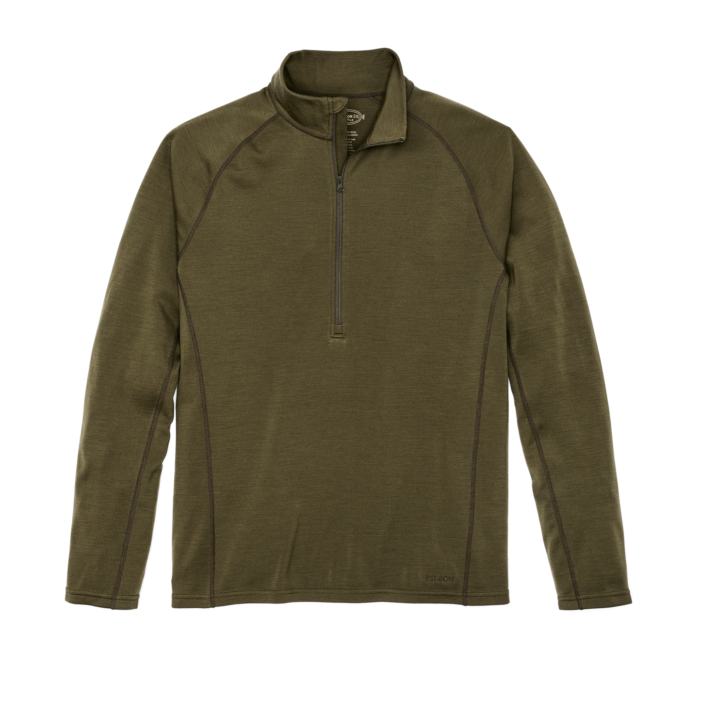 Front-facing image of the Filson 400g Merino Wool Long Sleeve Half-zip - Dark Olive