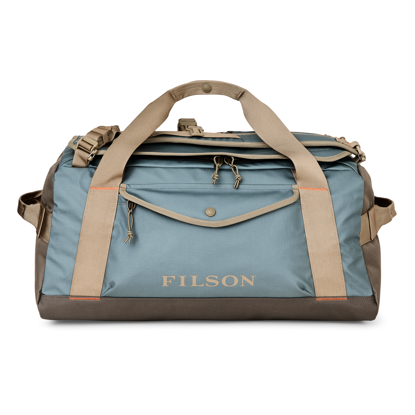 Front-facing image of the Filson Scout 50l Duffle - Slate / Canteen / Covert