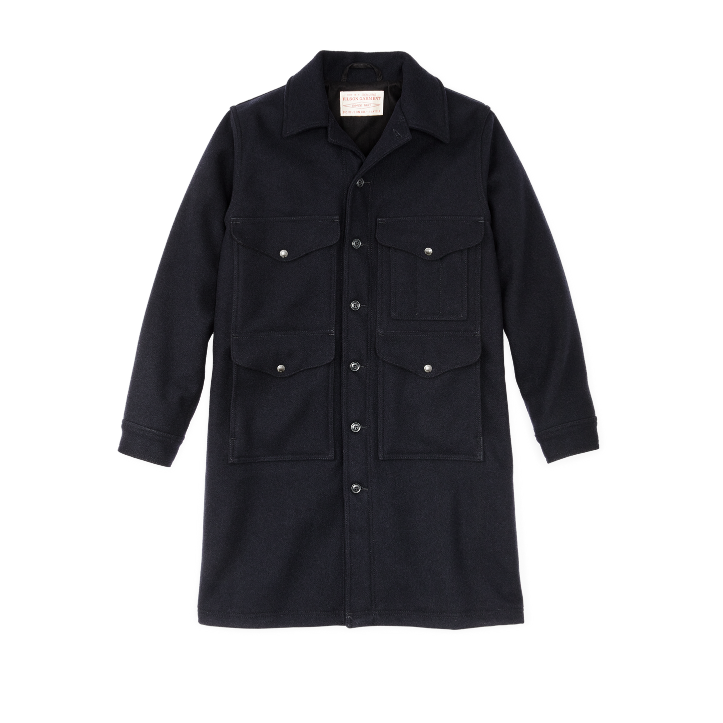 Front-facing image of the Filson Long Mackinaw Wool Cruiser - Dark Navy