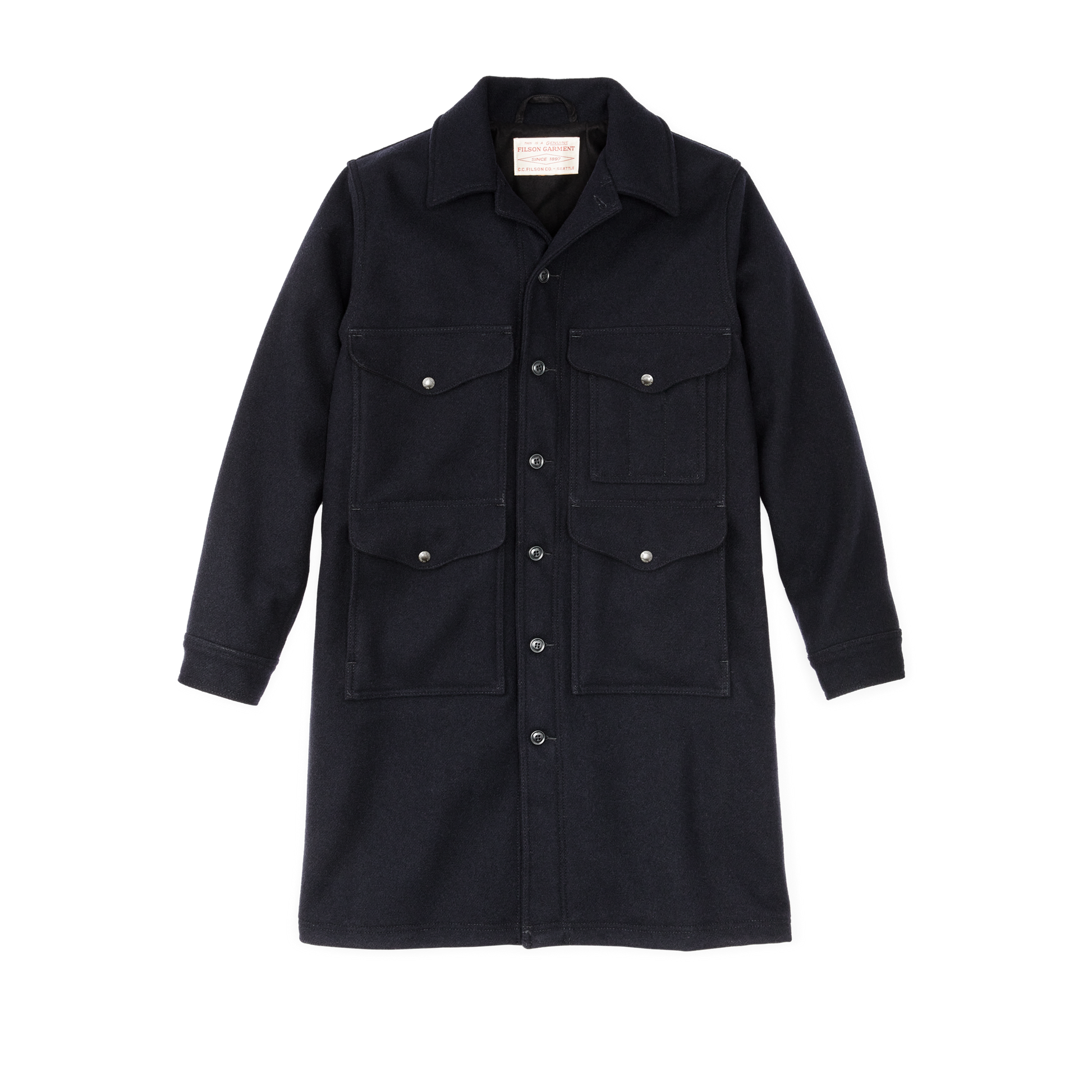 Front-facing image of the Filson Long Mackinaw Wool Cruiser - Dark Navy