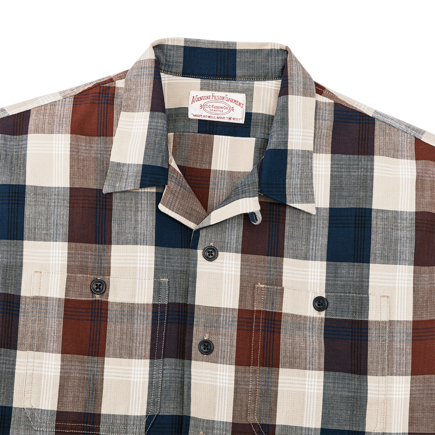 Alternate view of the Filson Rustic Short Sleeve Camp Shirt - Heartwood / Navy / Stone Plaid