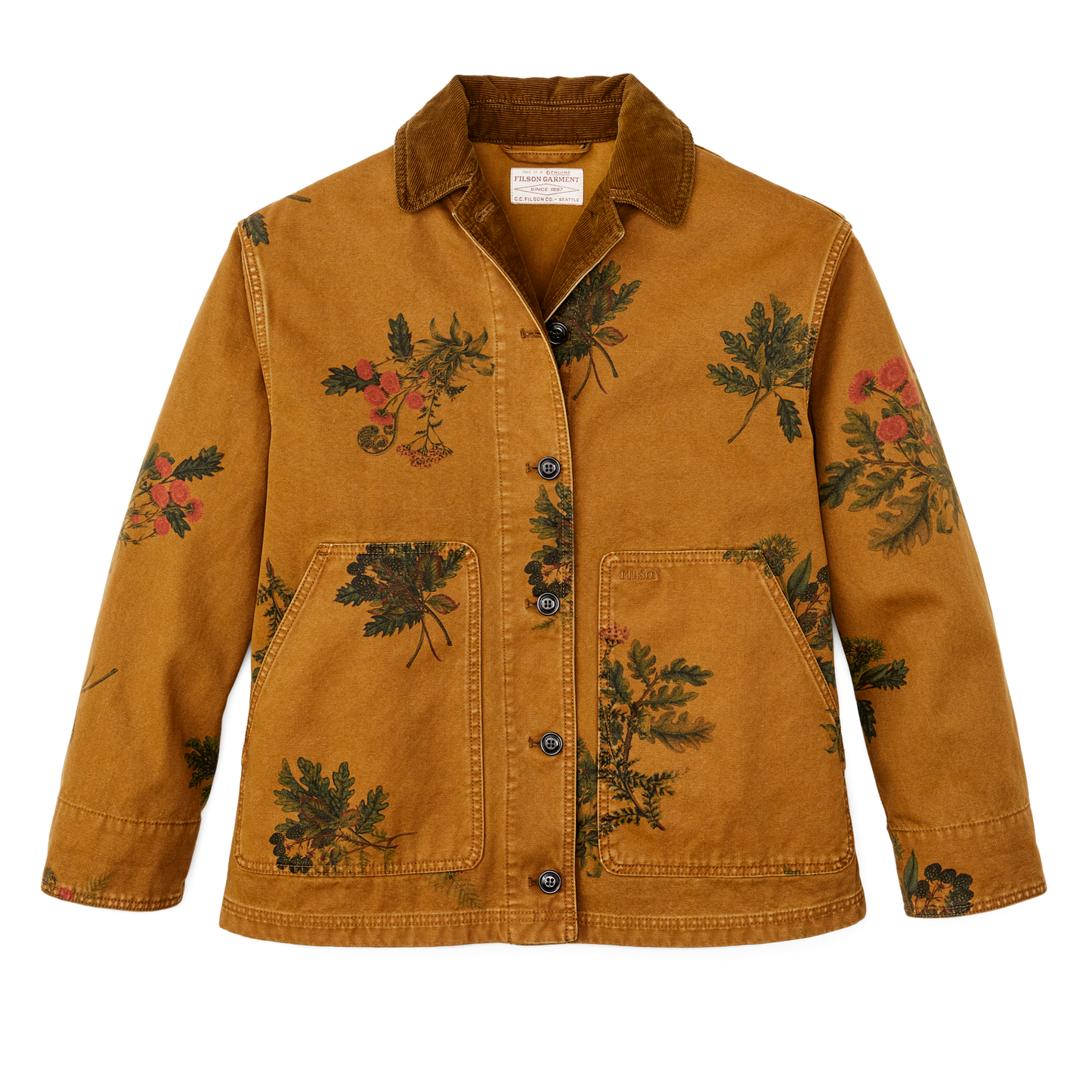 Front-facing image of the Filson Women's Canvas Barn Coat - Botanical Flower