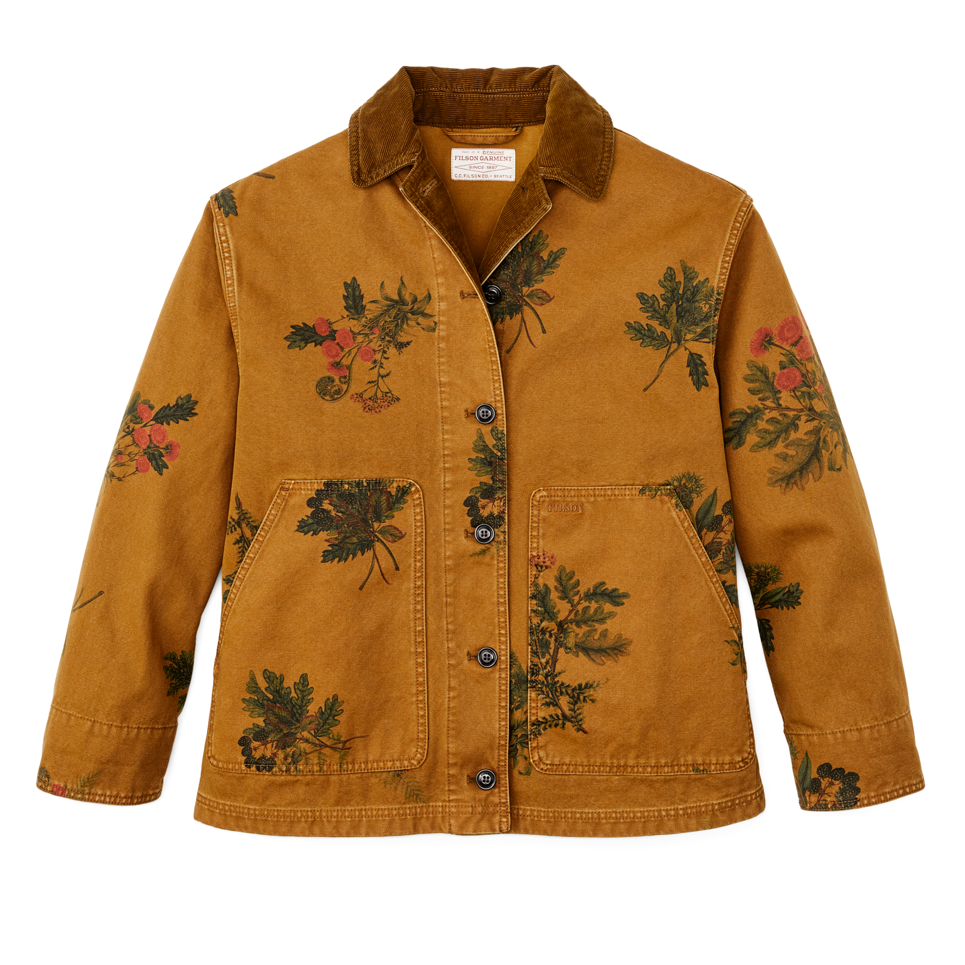 Front-facing image of the Filson Women's Canvas Barn Coat - Botanical Flower