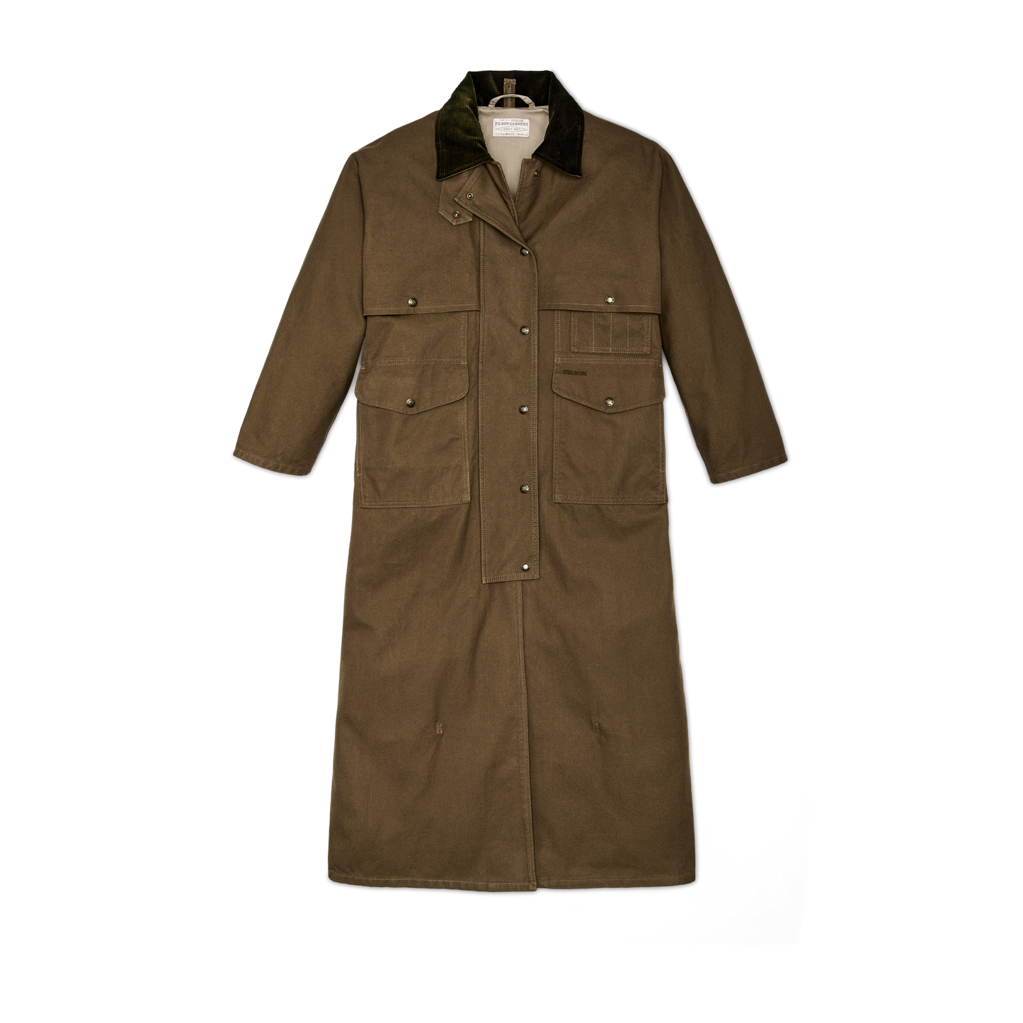 Front-facing image of the Filson Women's Dry Tin Duster Coat - Marsh Olive