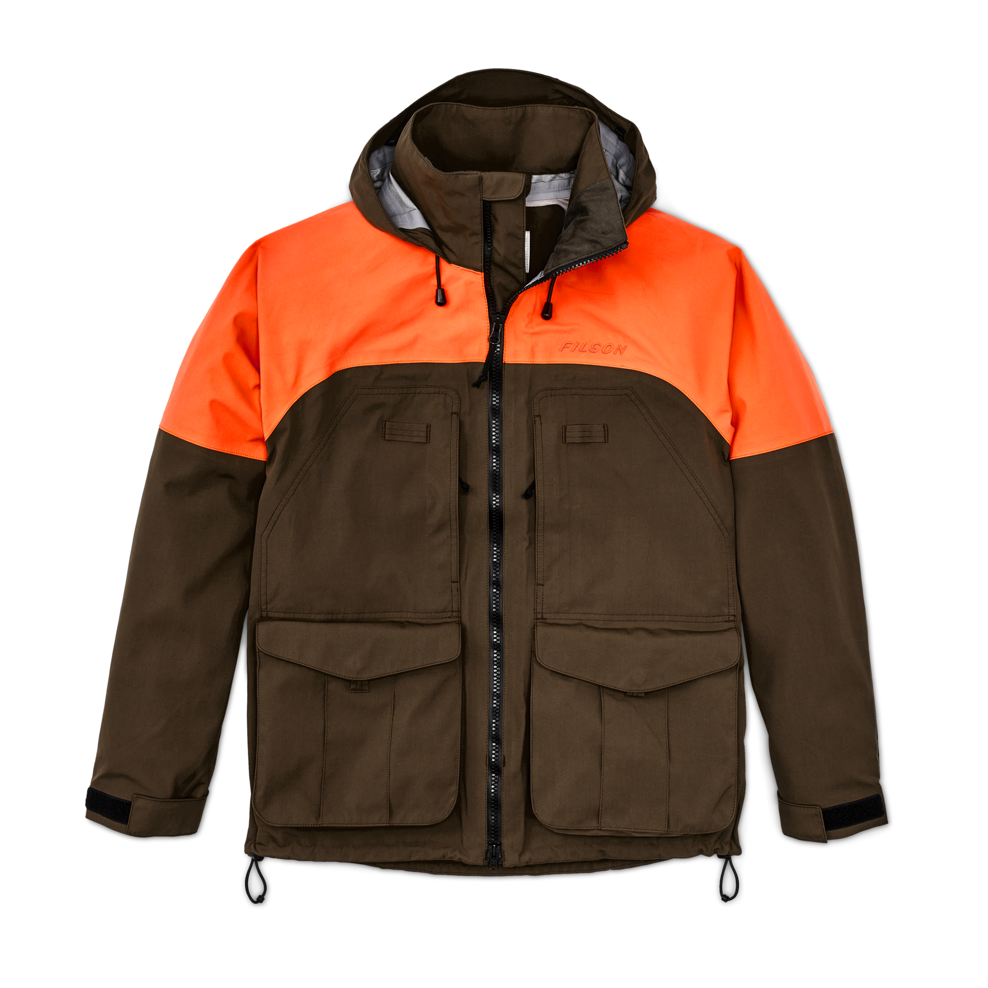 Front-facing image of the Filson 3-layer Field Jacket - Dark Tan / Blaze Orange