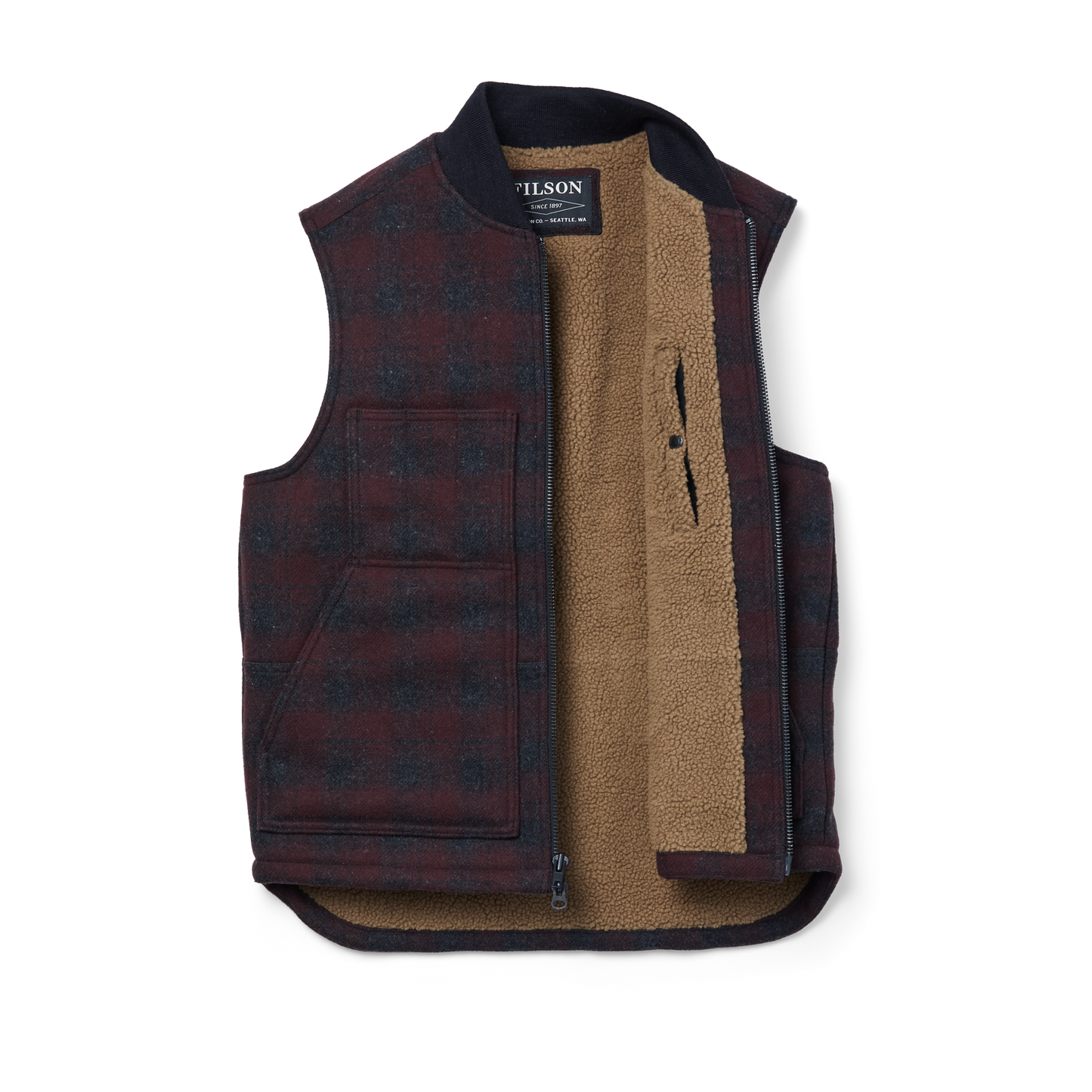 Alternate view of the Filson Lined Mackinaw Wool Work Vest - Maroon / Charcoal Plaid