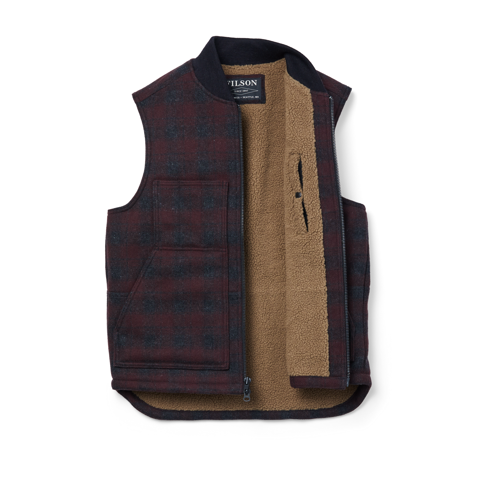 Alternate view of the Filson Lined Mackinaw Wool Work Vest - Maroon / Charcoal Plaid