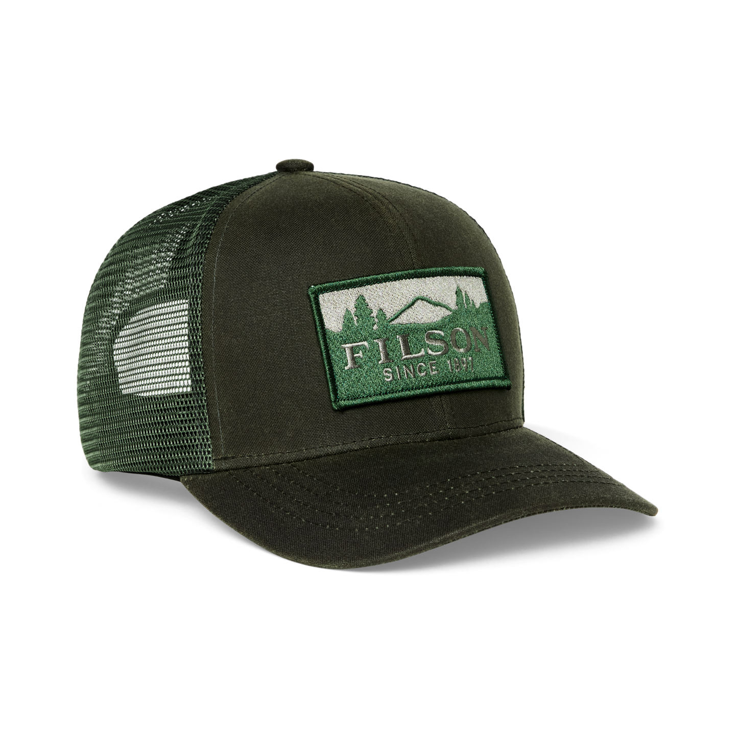 Front-facing image of the Filson Logger Mesh Cap - Otter Green