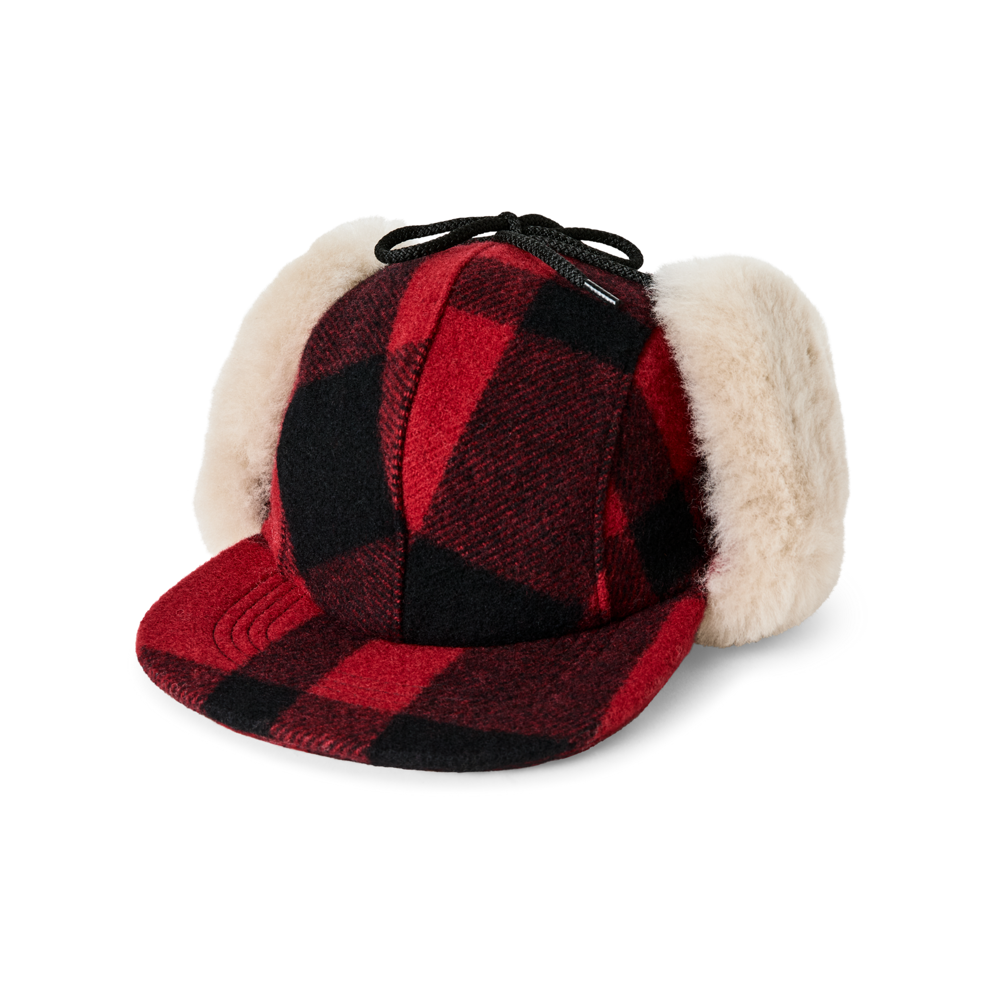 Front-facing image of the Filson Double Mackinaw Wool Cap - Red Black Plaid/birch