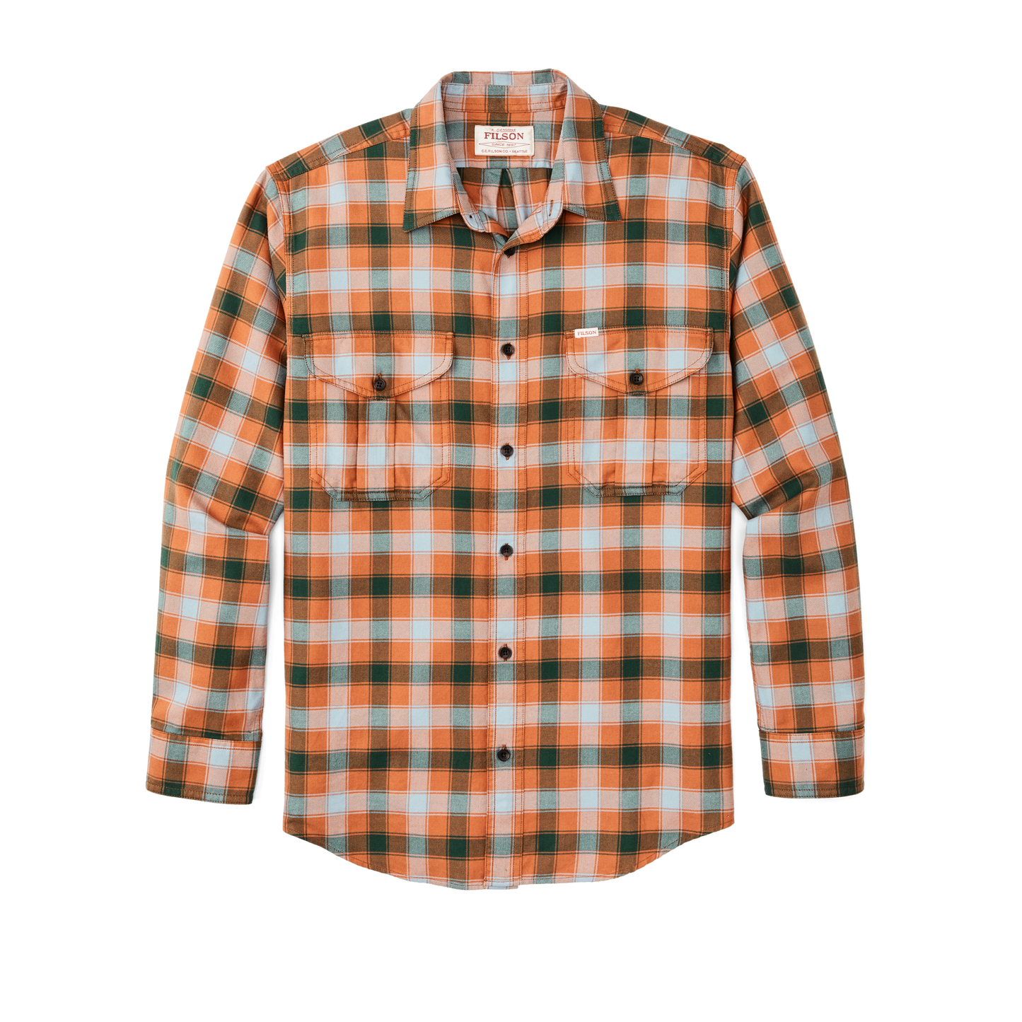 Front-facing image of the Filson Lightweight Alaskan Guide Shirt - Clay / Blue / Multi Plaid