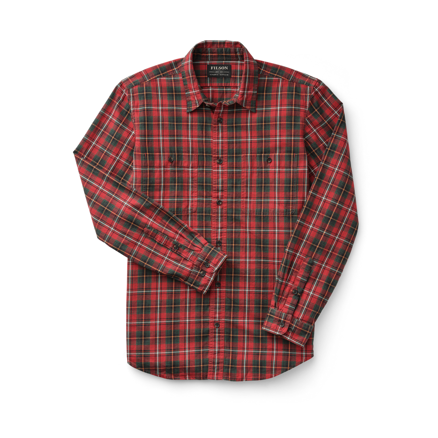 Front-facing image of the Filson Wildwood Shirt - Red/black/flame Plaid