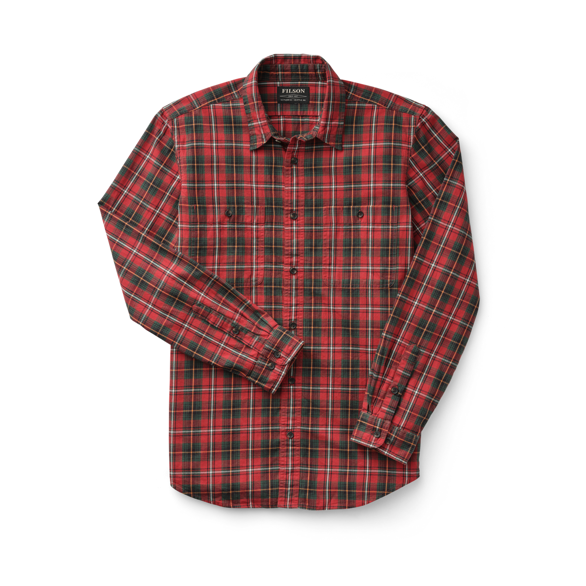 Front-facing image of the Filson Wildwood Shirt - Red/black/flame Plaid