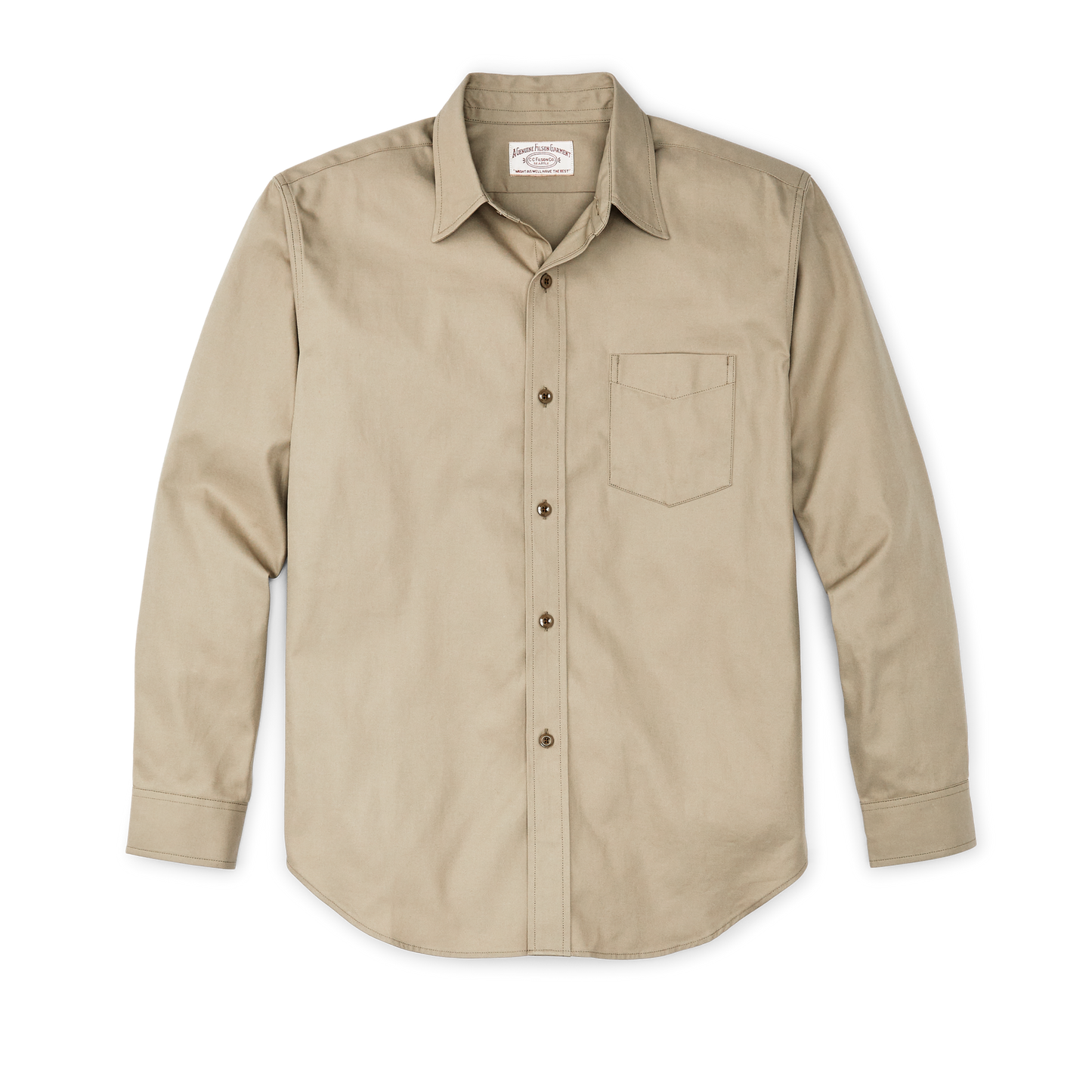 main image of filson's service shirt, a men's long sleeve shirt constructed in cotton, shown in gray khaki