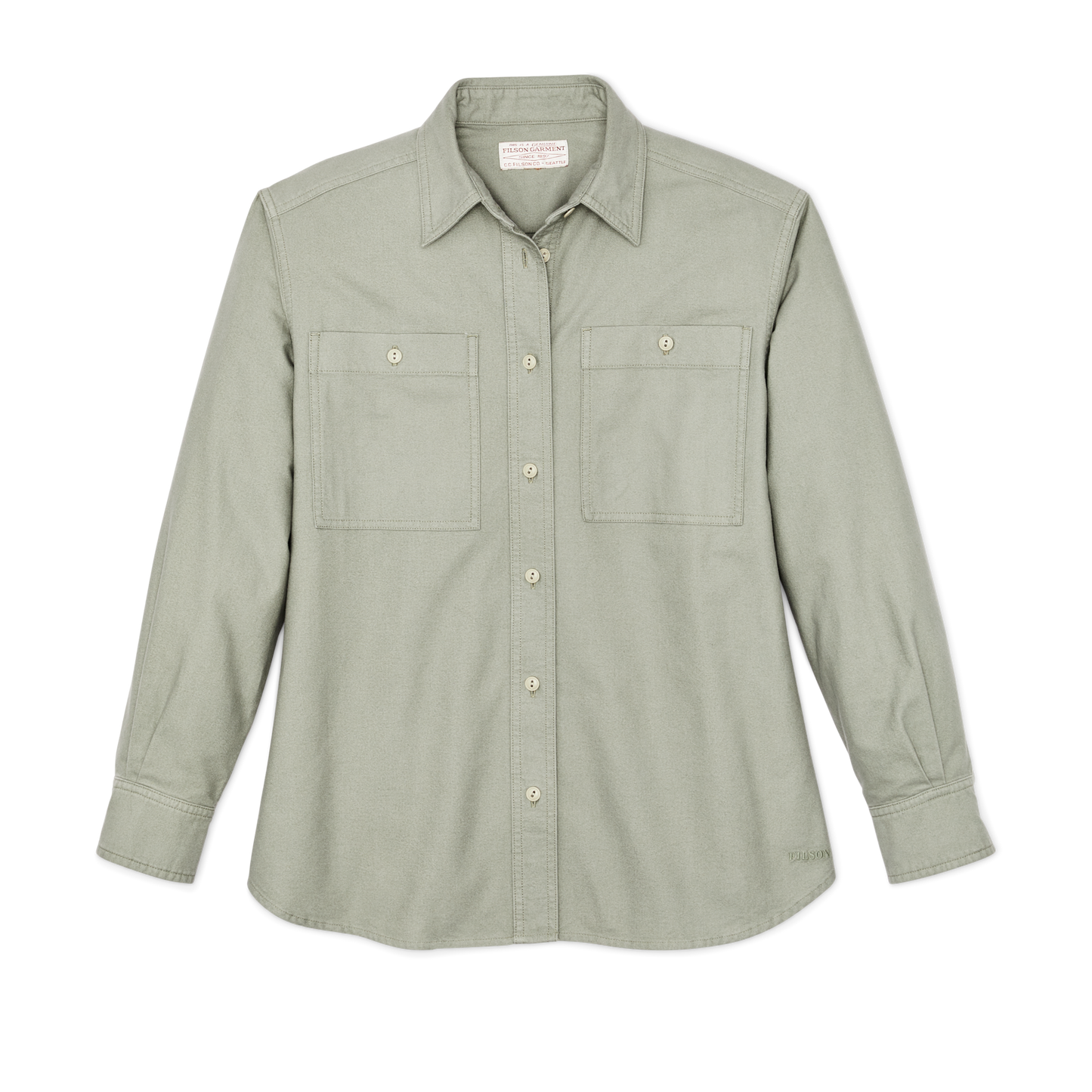 Front-facing image of the Filson Women's Field Chamois Shirt - Desert Sage