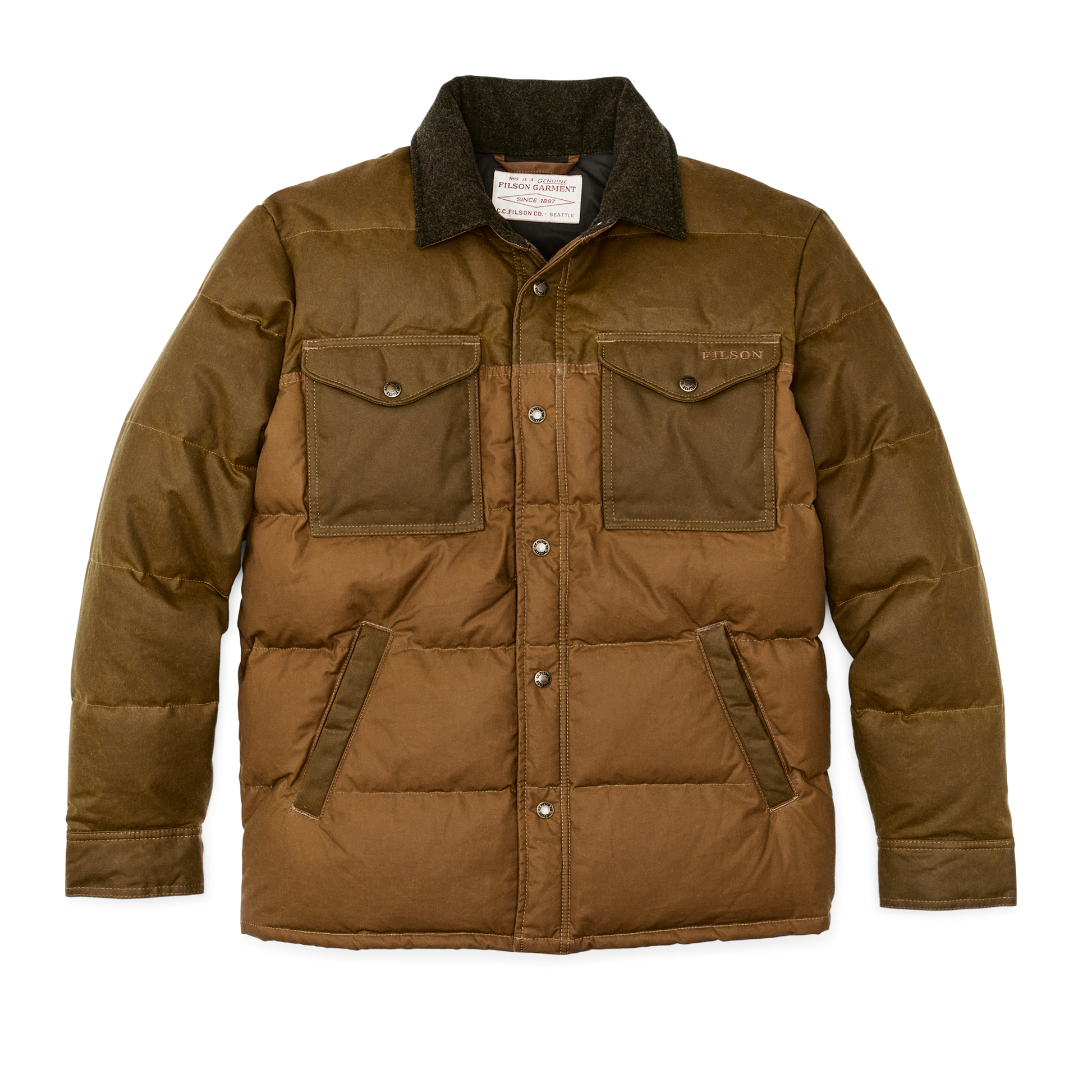 Front-facing image of the Filson Down Jac-shirt - Dark Tan