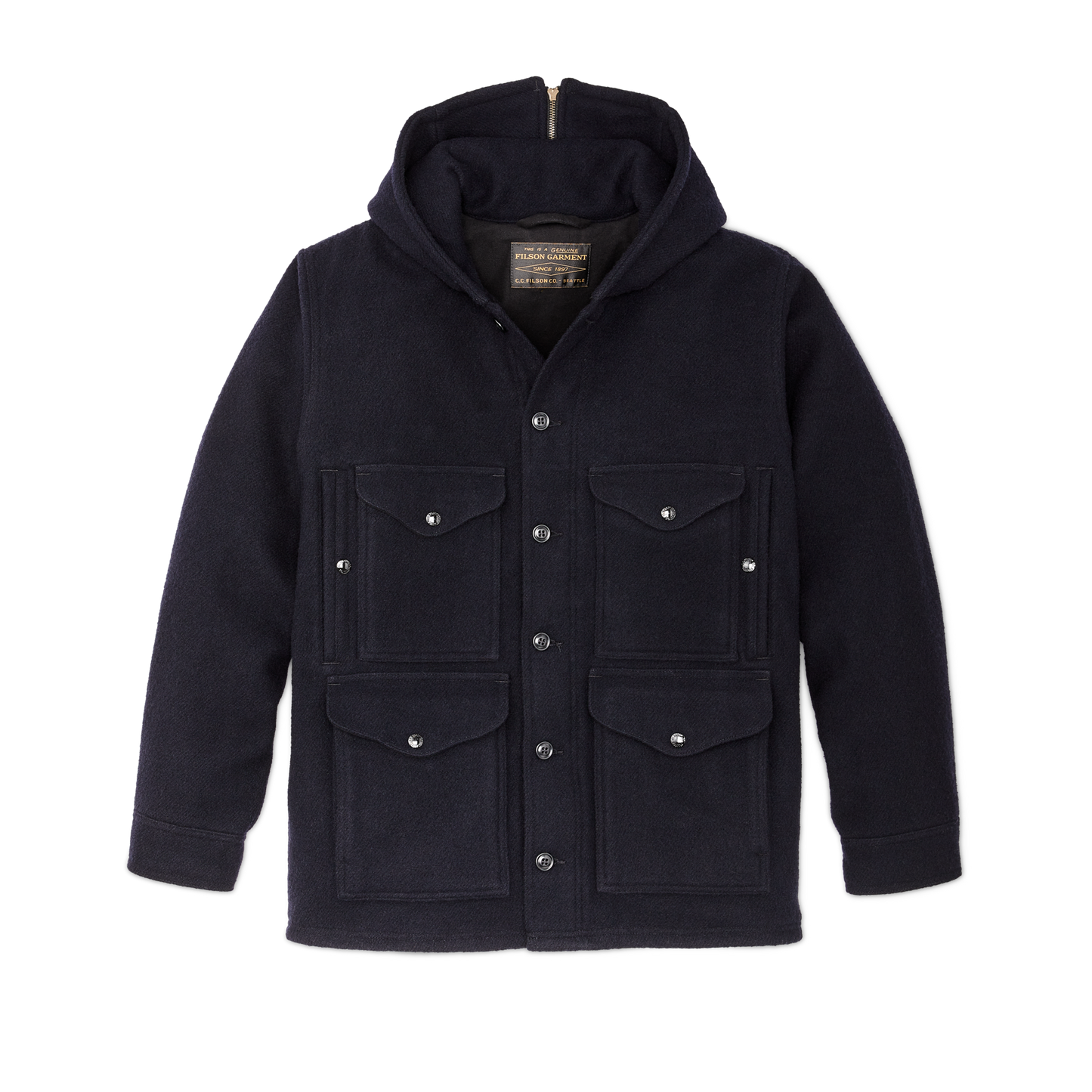 Front-facing image of the Filson Mackinaw Wool Hooded Cruiser Jacket - Dark Navy