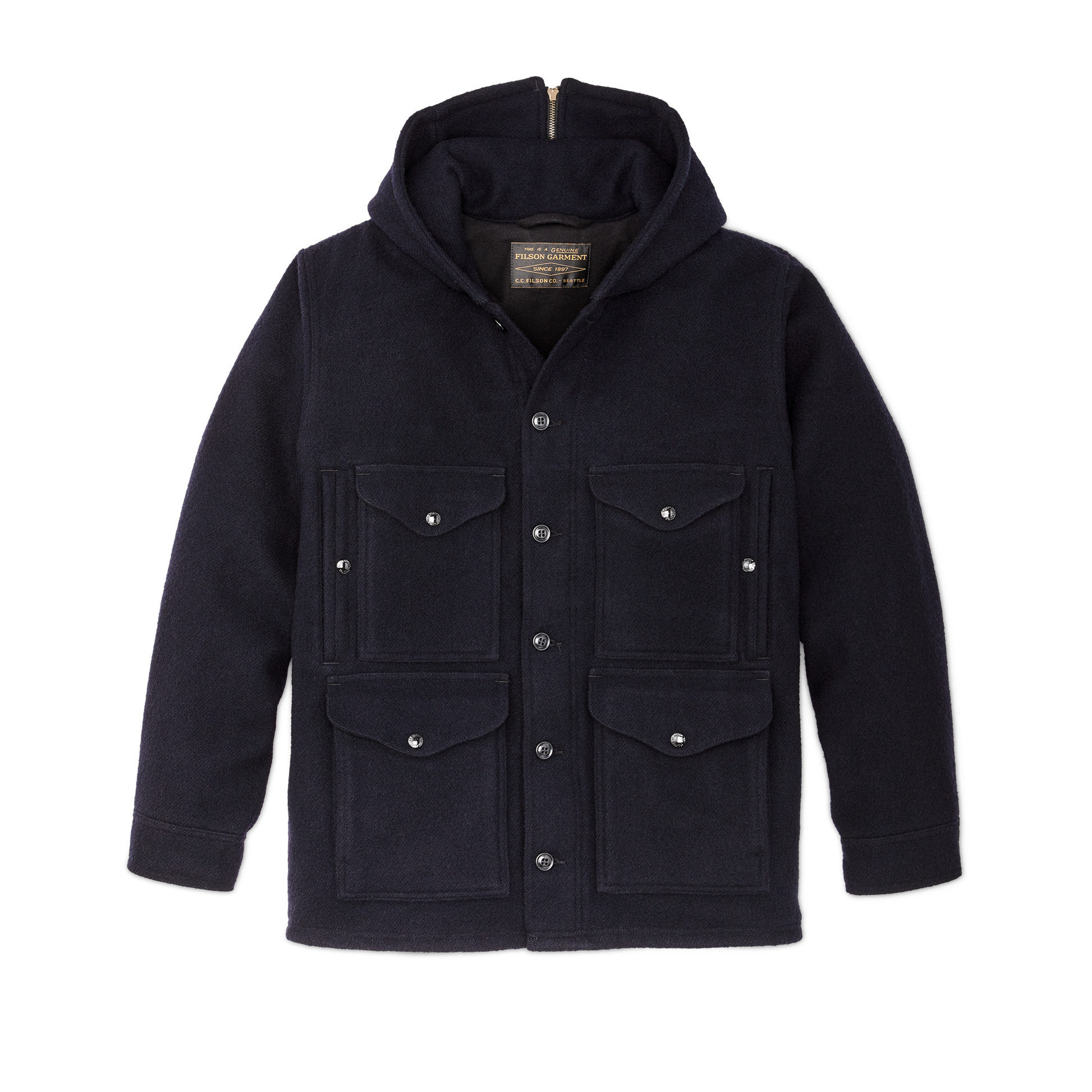 Front-facing image of the Filson Mackinaw Wool Hooded Cruiser Jacket - Dark Navy