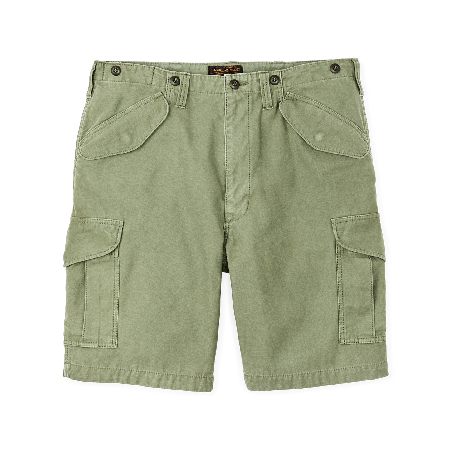 Front-facing image of the Filson Field Cargo Shorts - Washed Fatigue Green