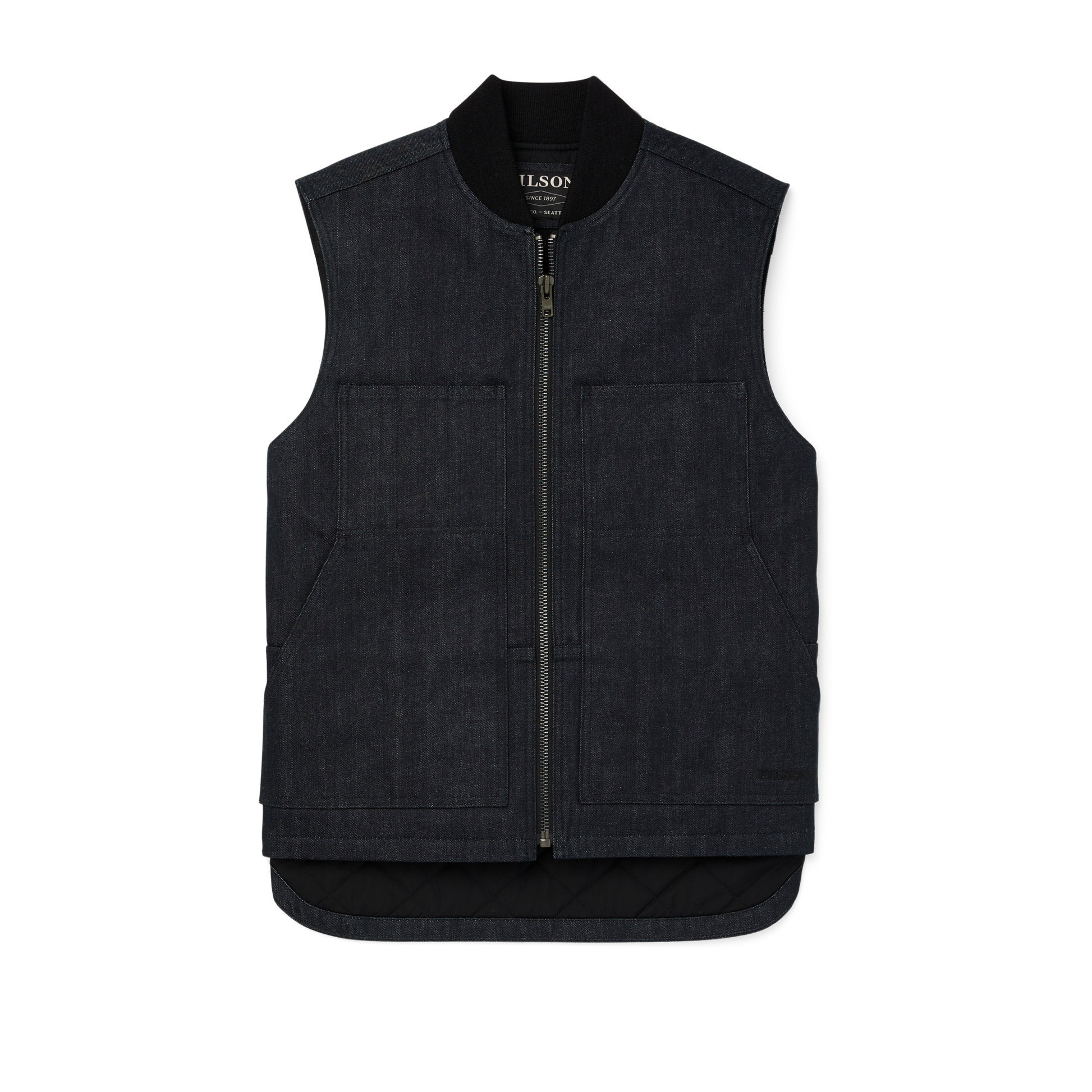 Front-facing image of the Filson Denim Insulated Work Vest - Raw Indigo