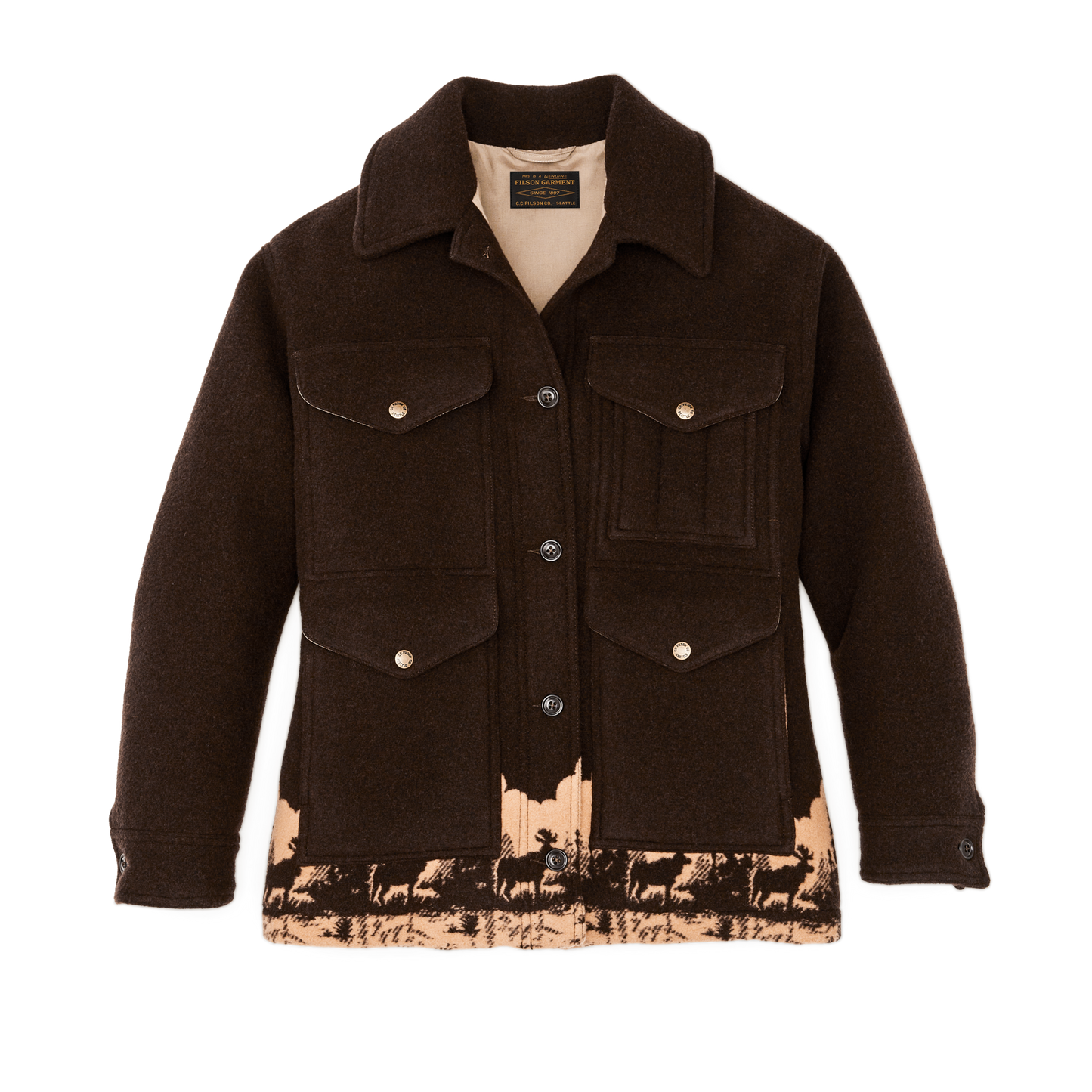 Front-facing image of the Filson Women's Jacquard Wool Cruiser Jacket - Brown / Khaki Moose