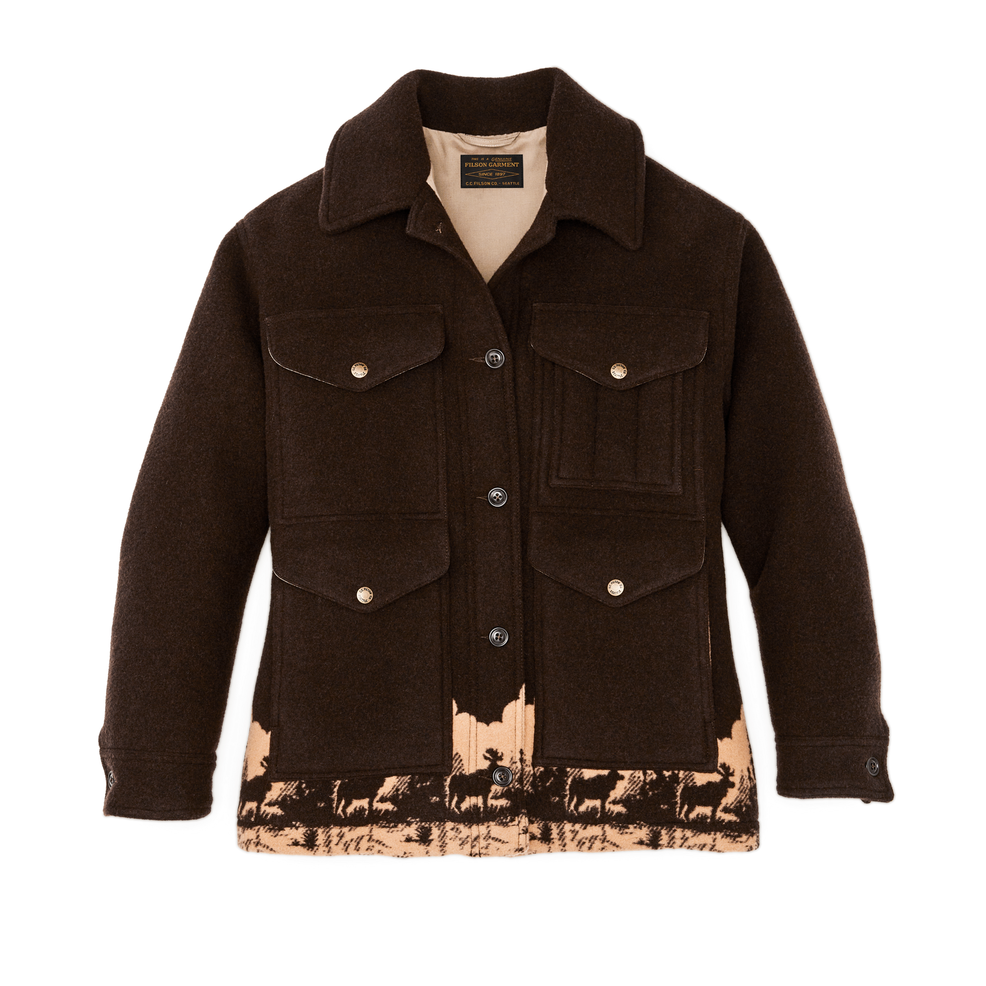 Front-facing image of the Filson Women's Jacquard Wool Cruiser Jacket - Brown / Khaki Moose