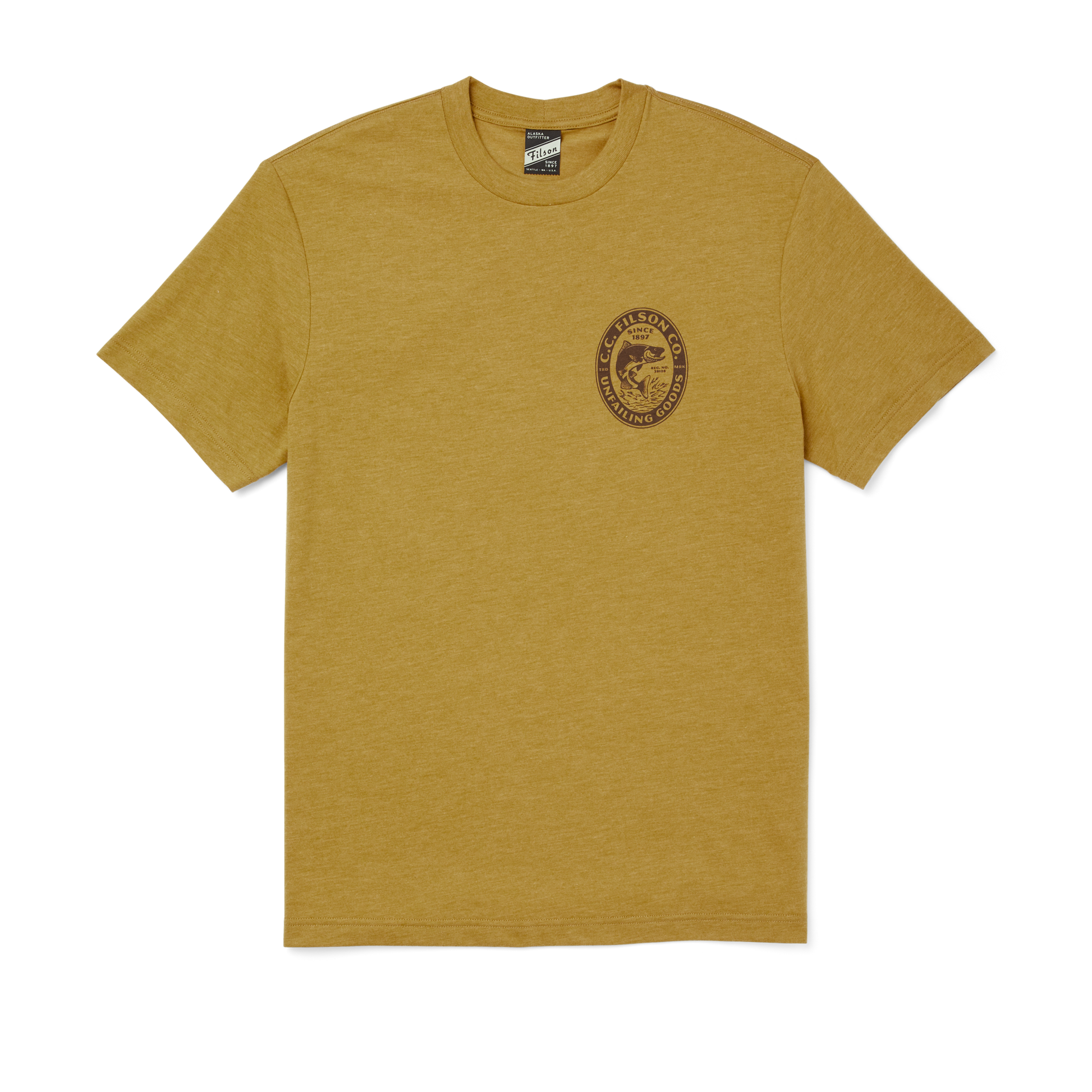 Front-facing image of the Filson Buckshot T-shirt - Gold Heather / Skagit River