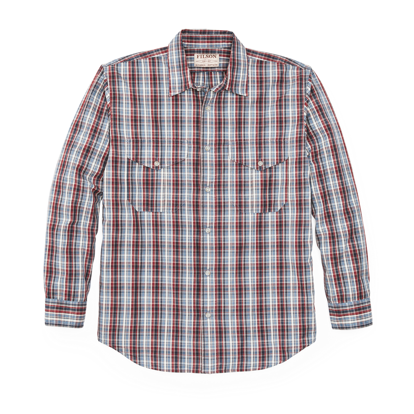 Front-facing image of the Filson Filson's Washed Feather Cloth Shirt - Navy / Iron / Ivory Plaid