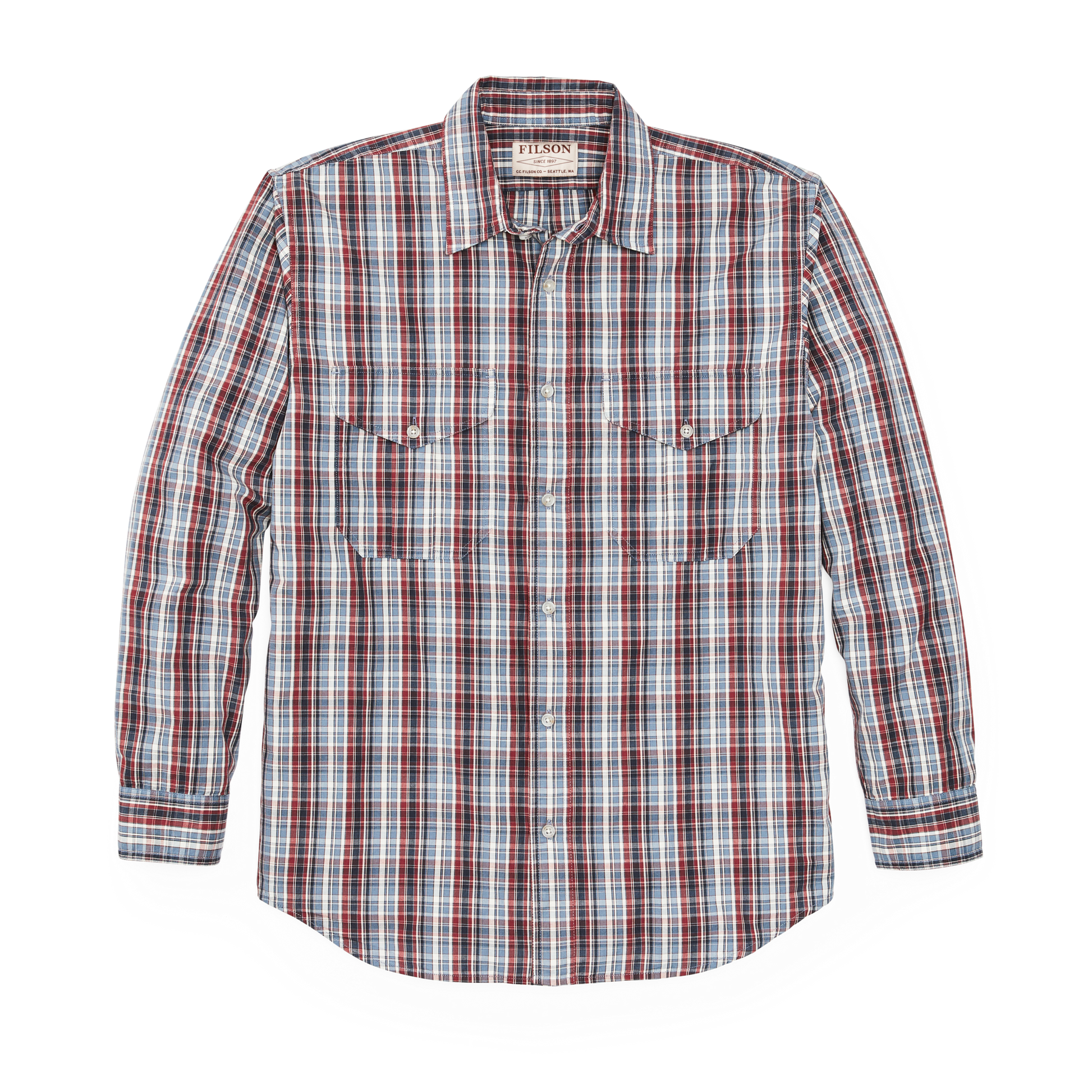 Front-facing image of the Filson Filson's Washed Feather Cloth Shirt - Navy / Iron / Ivory Plaid