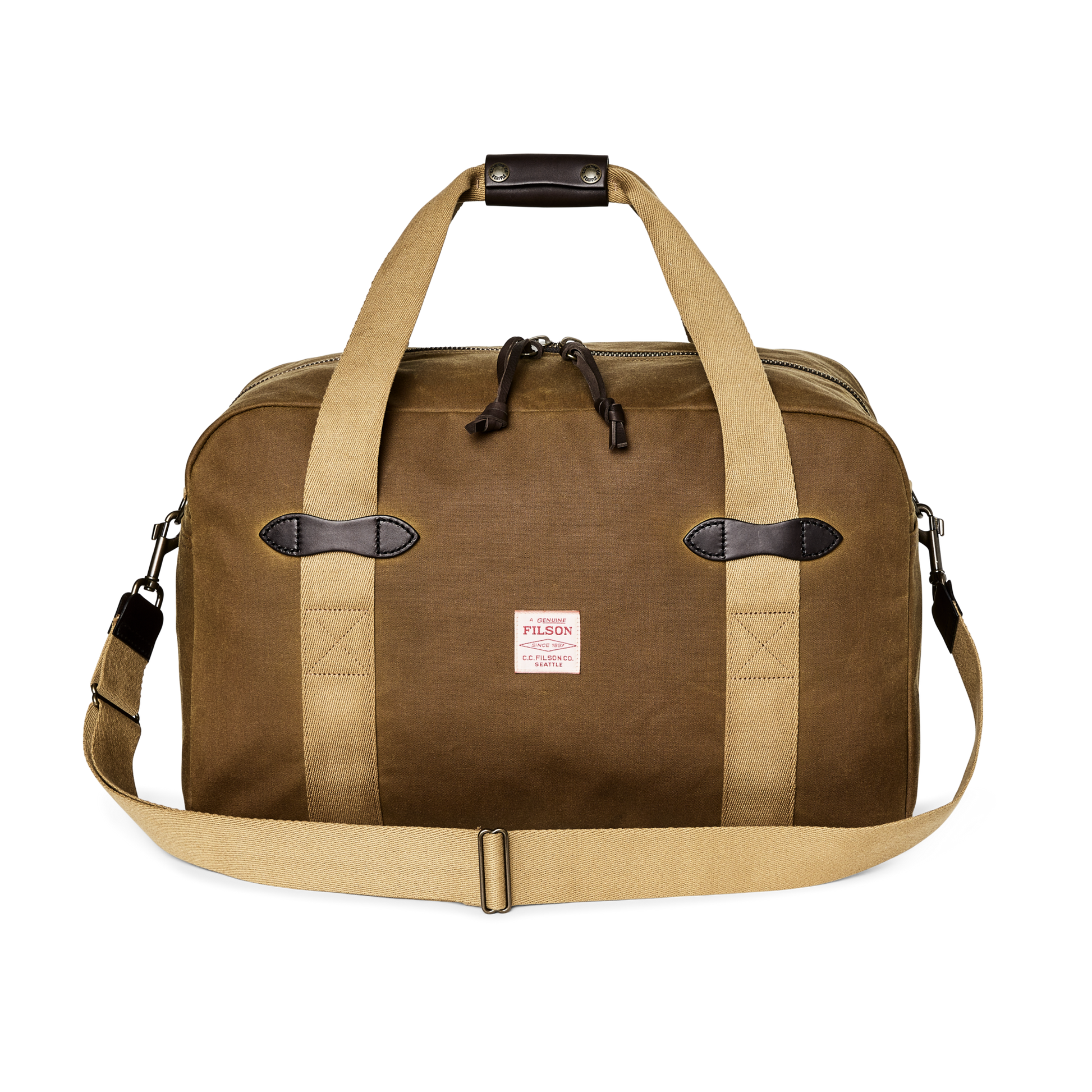 Front-facing image of the Filson Medium Tin Cloth Duffle Bag - Dark Tan