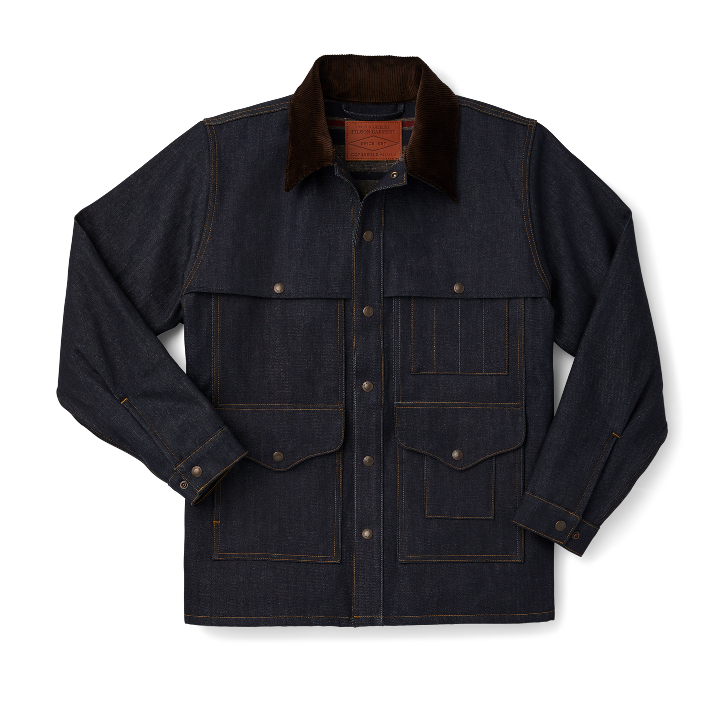 Front-facing image of the Filson Lined Denim Cruiser Jacket - Raw Indigo / Canteen Stripe