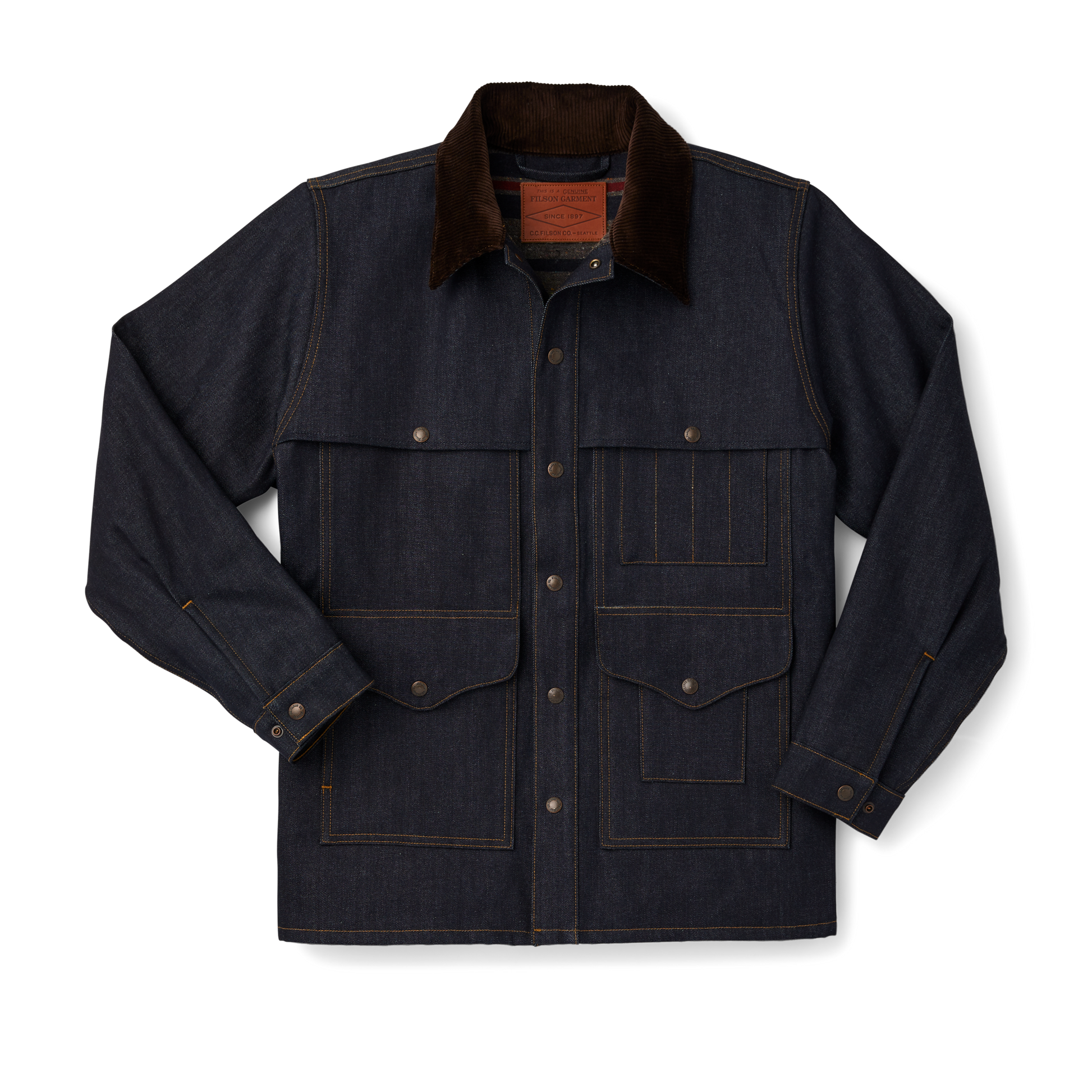 Front-facing image of the Filson Lined Denim Cruiser Jacket - Raw Indigo / Canteen Stripe