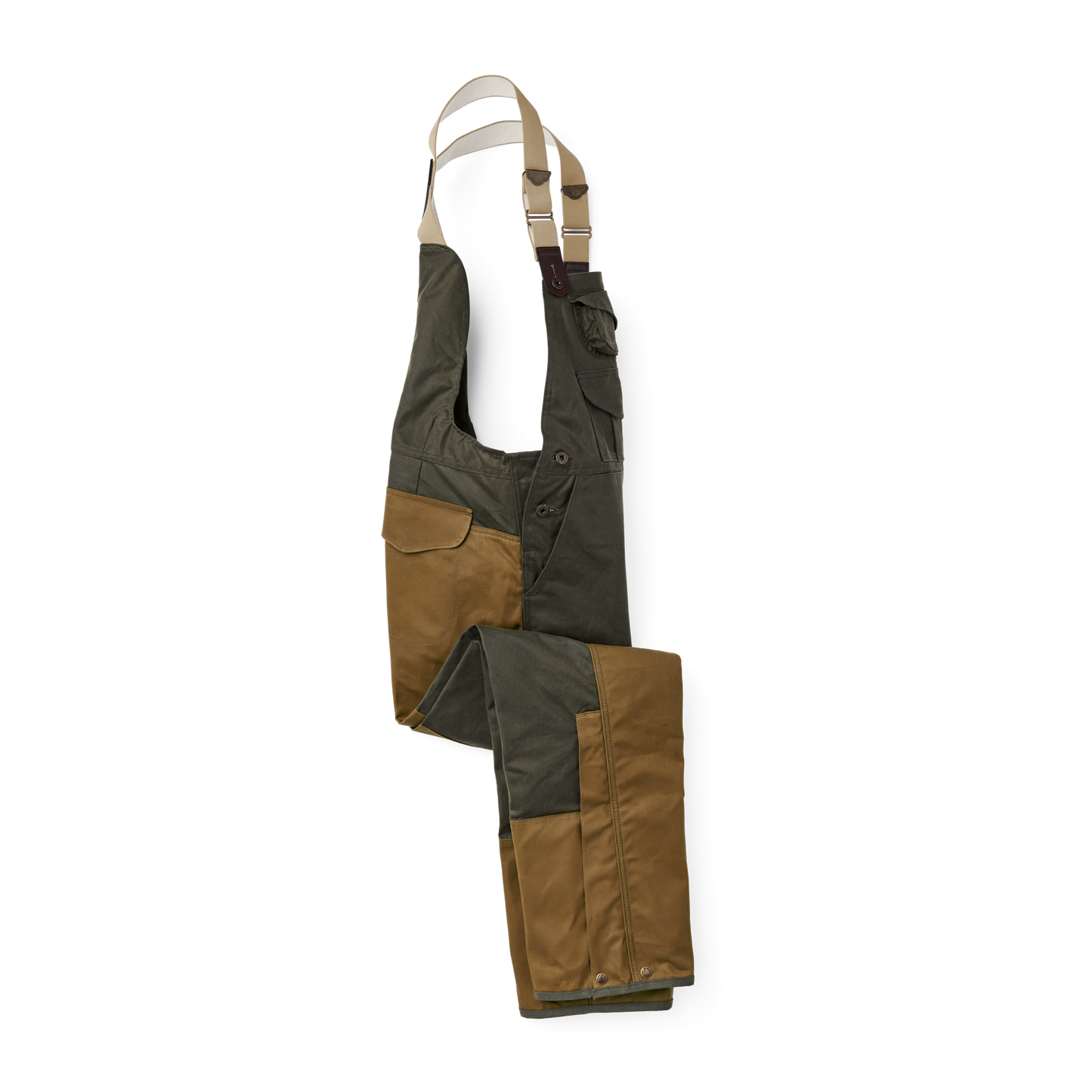 Front-facing image of the Filson Double Hunting Bibs With Zipper - Otter Green / Dark Tan