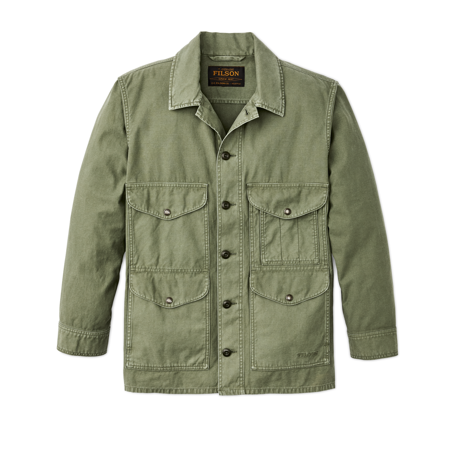 Front-facing image of the Filson Field Cruiser Jacket - Washed Fatigue Green