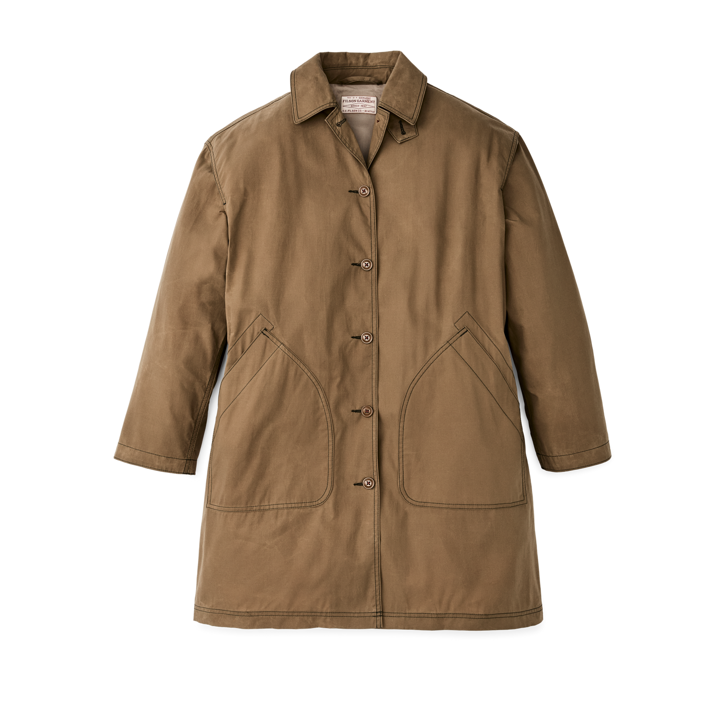 Front-facing image of the Filson Women's Ranger Raincoat - Dark Beige