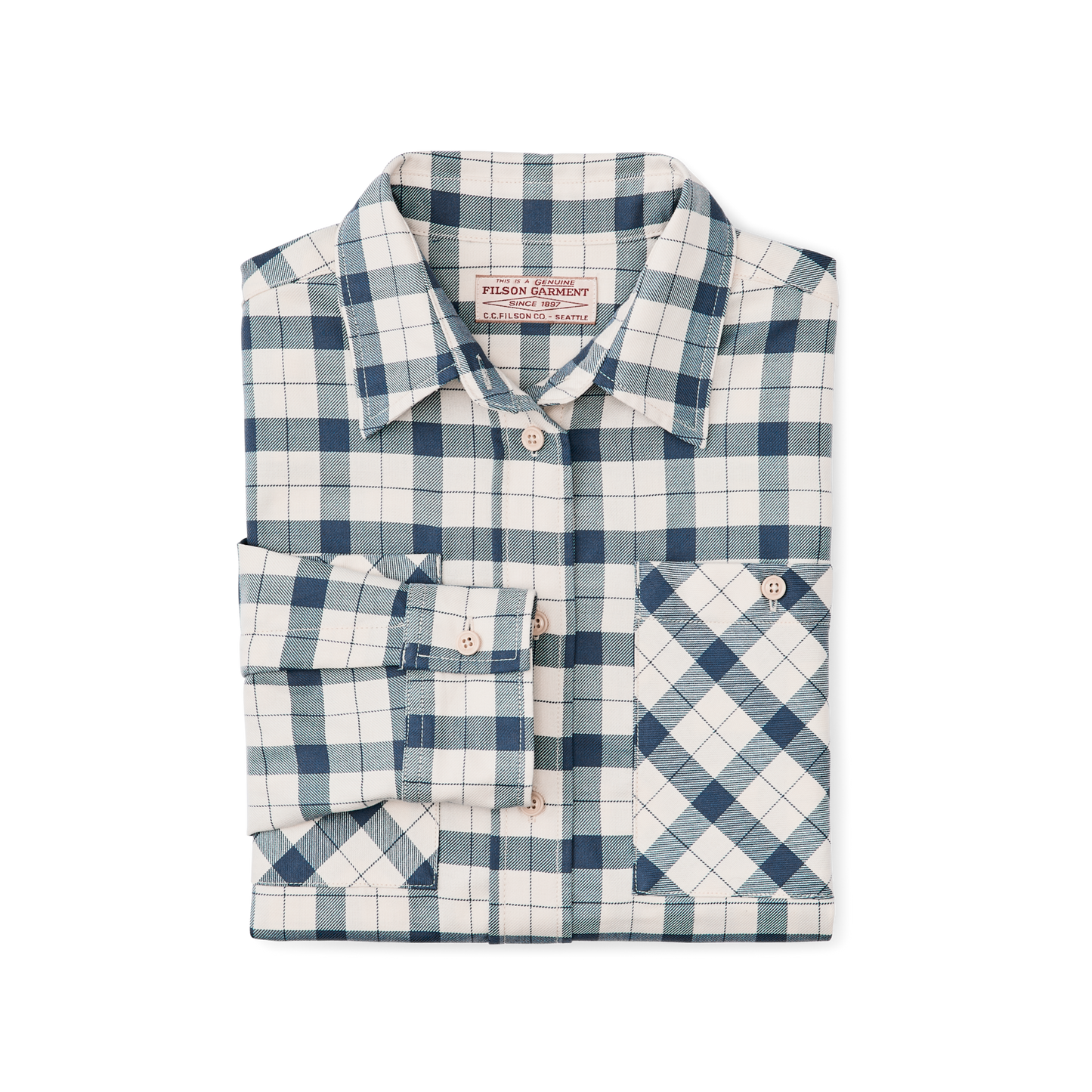 Alternate view of the Filson Women's Light Weight Alaskan Guide Shirt - Light Tan / Flag Blue Plaid