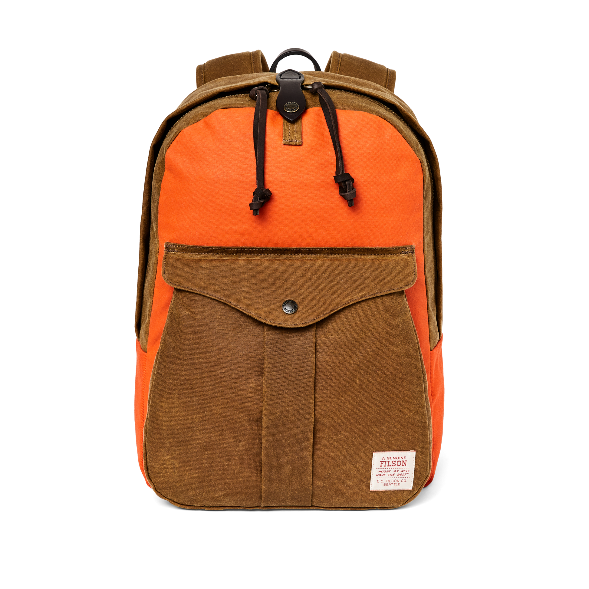 Front-facing image of the Filson Journeyman Backpack - Dark Tan / Flame