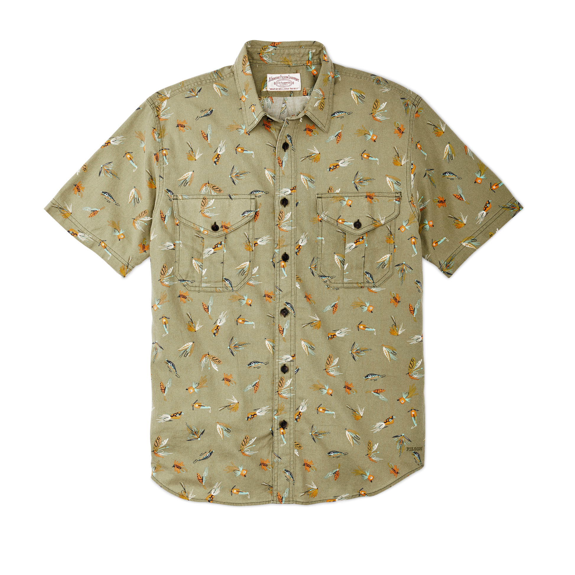 Front-facing image of the Filson Short Sleeve Lightweight Alaskan Guide Shirt  - Lures Olive